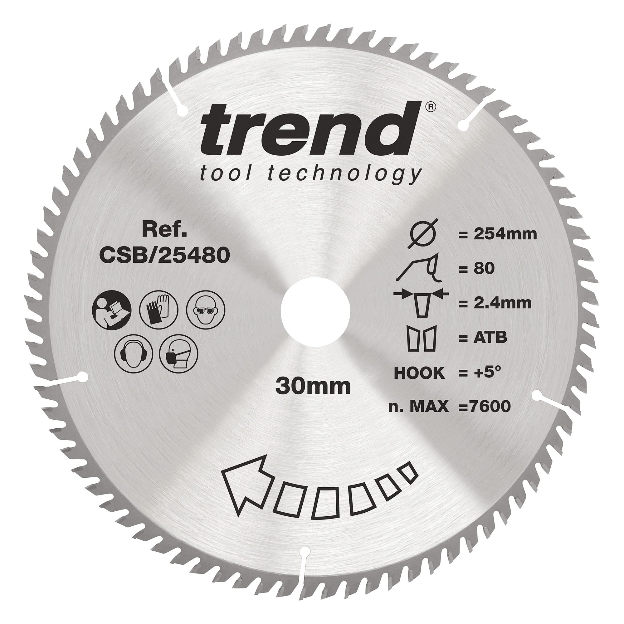Trend Wood Circular Saw Blade, 254mm Diameter, 30mm Bore, 80 Teeth, 2.4mm Kerf, +5° Hook, TCT, Extra-Fine Finish, CSB/25480