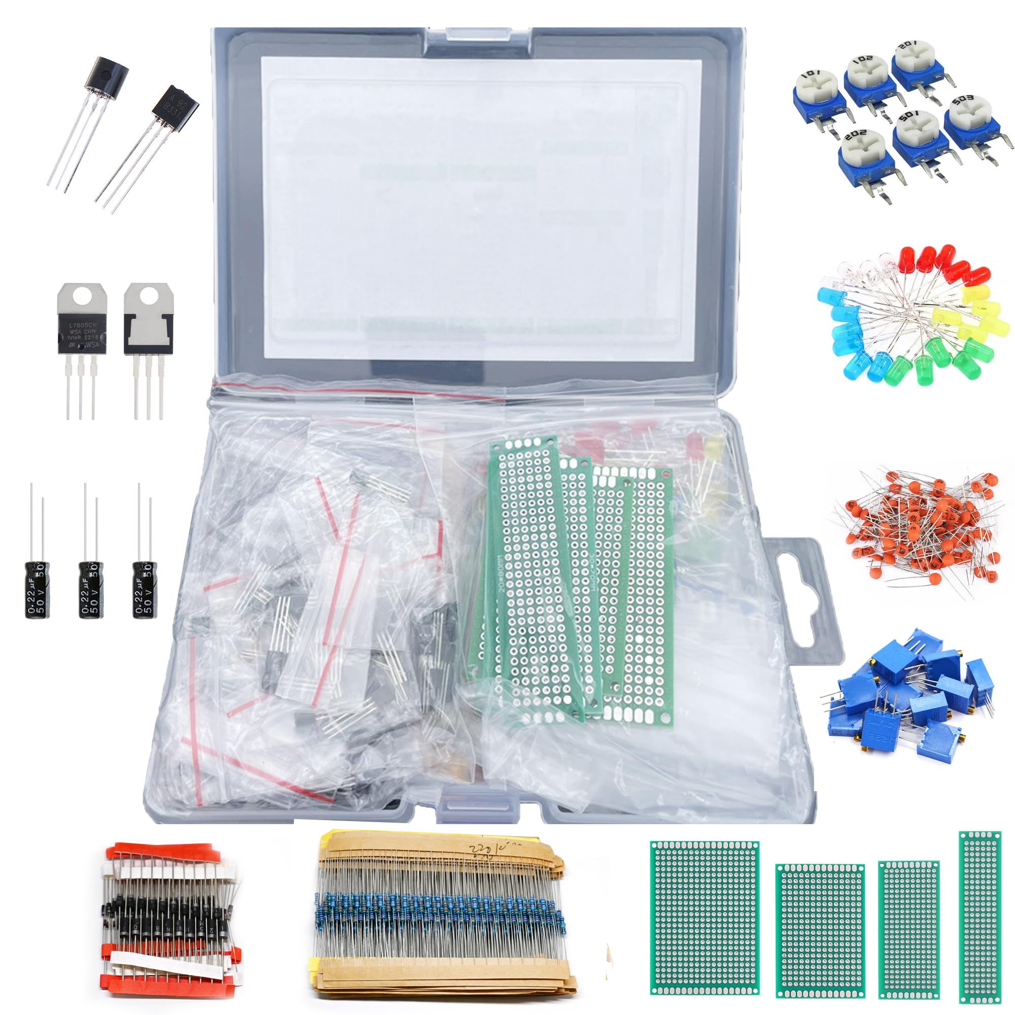XUGERIP 1818PCS 10 Value DIY Electronics Component Kit - Resistors, Capacitors, LED Diodes, Transistors, Zener & Rectifier Diodes, PCB, Potentiometers for Arduino, STEM, Hobby Projects