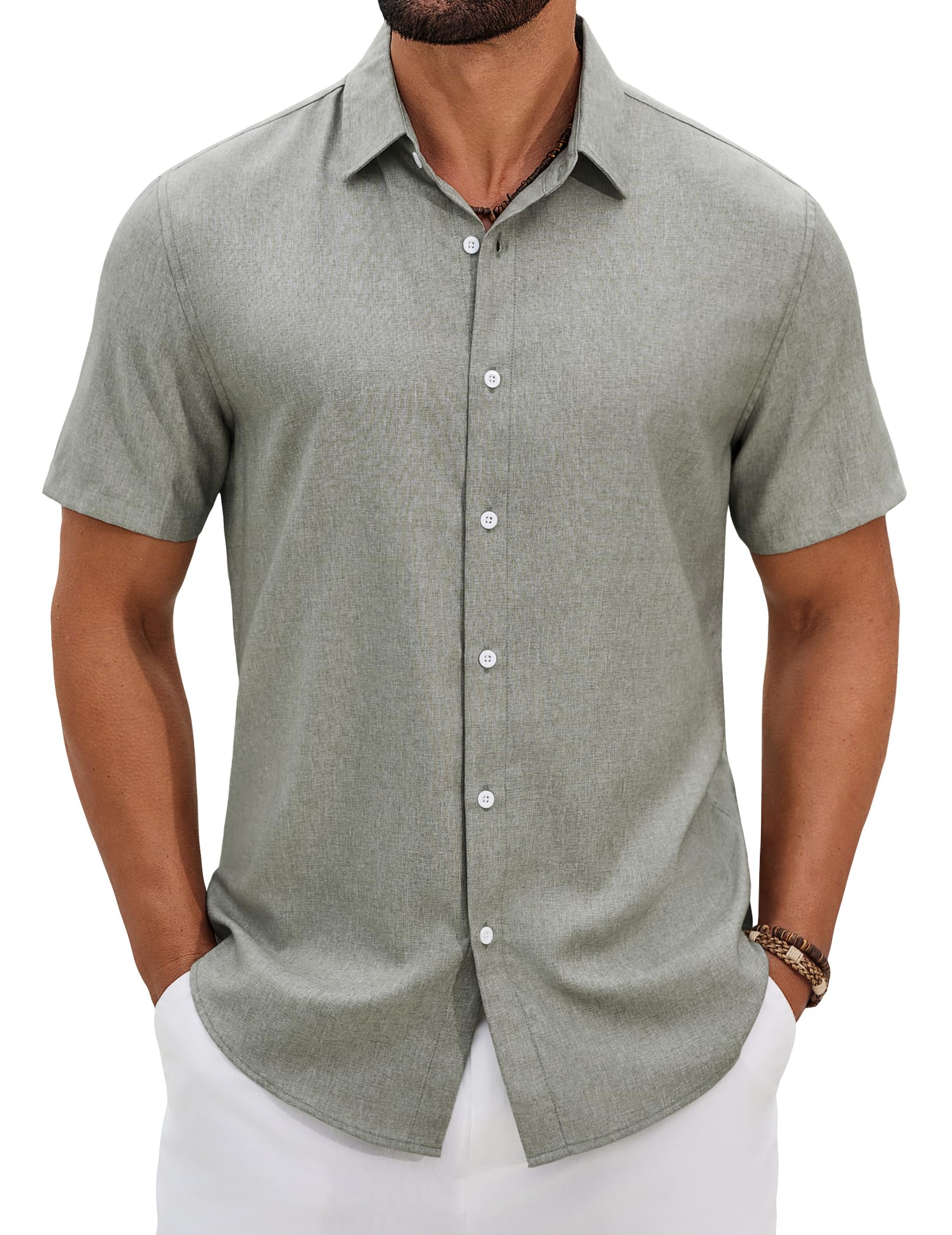 COOFANDY Mens Button Down Shirt Short Sleeve Lightweight Casual Summer Beach Shirt Textured Linen Shirts