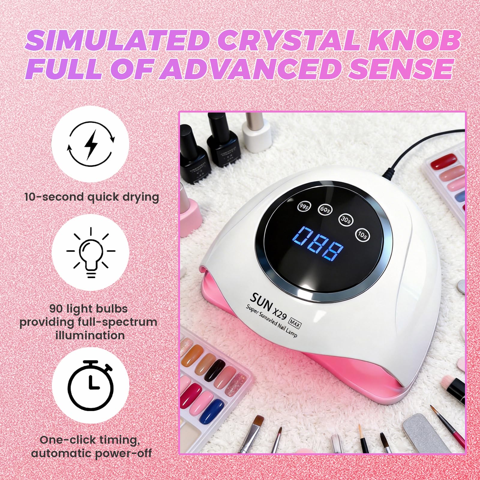 Lampe à ongles UV LED 500 W - 90 perles - Durcissement rapide - 4 minuteries - Capteur automatique - Affichage LCD - Base amovible - Séchoir à ongles pour manucure et pédicure (X29)