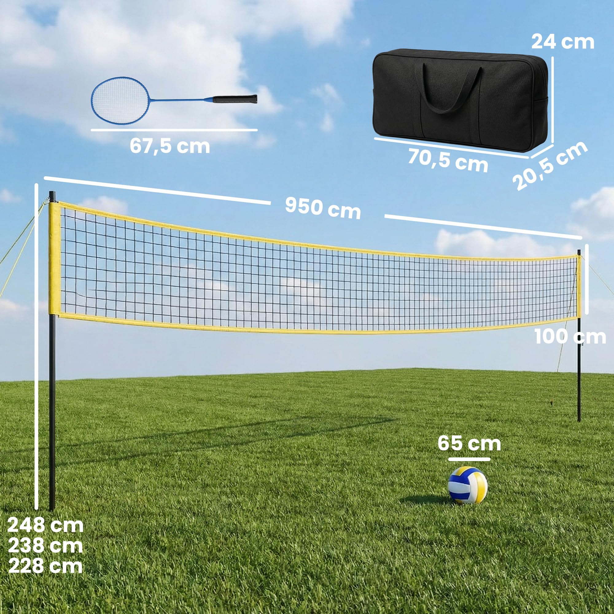SPORTNOW Set di pallavolo e Badminton, pali in acciaio regolabile in altezza, pallone da pallavolo, rete Badminton portatile, 4 racchette da neve, 4 volant, borsa per il trasporto, per prato spiaggia
