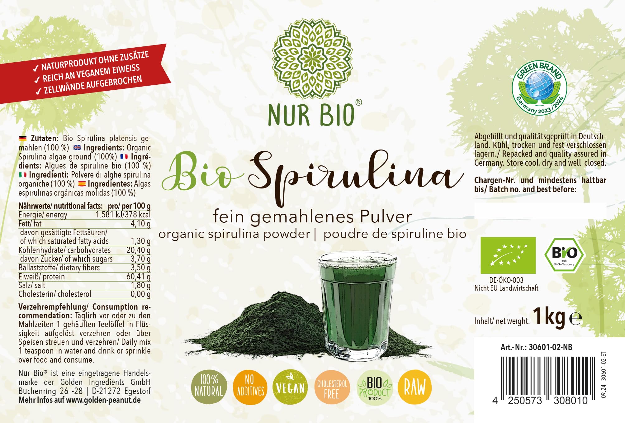 Spirulina en polvo 1 kg de superalimento verde proteína vegetal nutritiva vegana