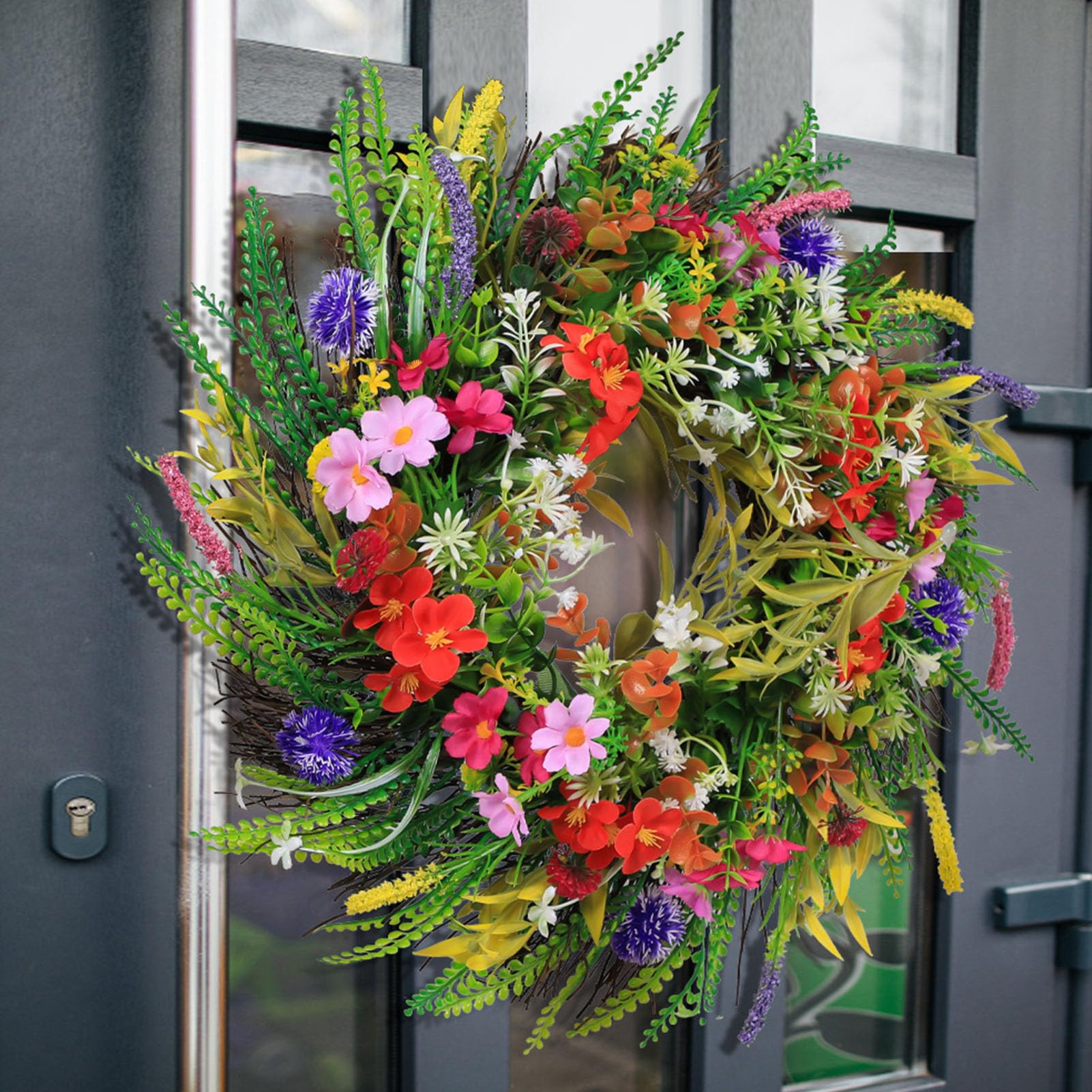 Cocoarm Ghirlanda di Verde Artificiale Decorazione Vibrante per Porta a Molla Facile Manutenzione per Uso Interno Ed Esterno Ghirlanda in Plastica per Porta D'ingresso con da 17,72 Pollici (#1)