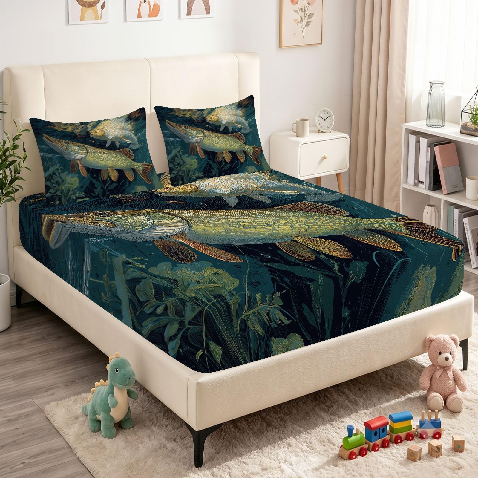 Juego de sábanas bajeras ajustables de 3 piezas, 160 x 200 cm, diseño de animales, barracuda, de microfibra, suave, agradable a la piel, transpirable, hipoalergénica, para colchones de hasta 30 cm de