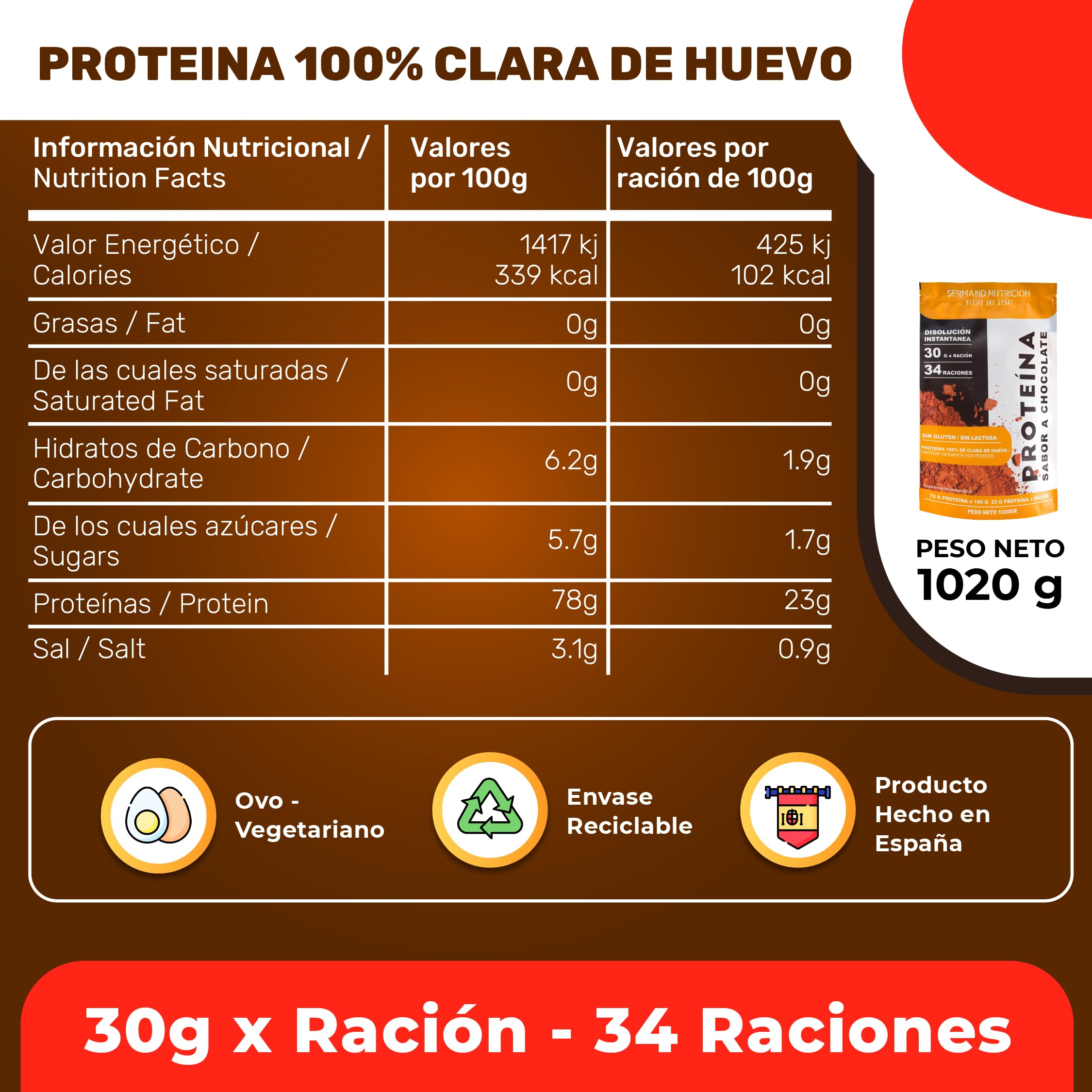 Protéine Instantanée de Blanc d'Œuf en Poudre Saveur Chocolat (1020 g) | Protéine en Poudre Sans Gluten | Protéines pour Masse Musculaire | Protéine Sans Lactose