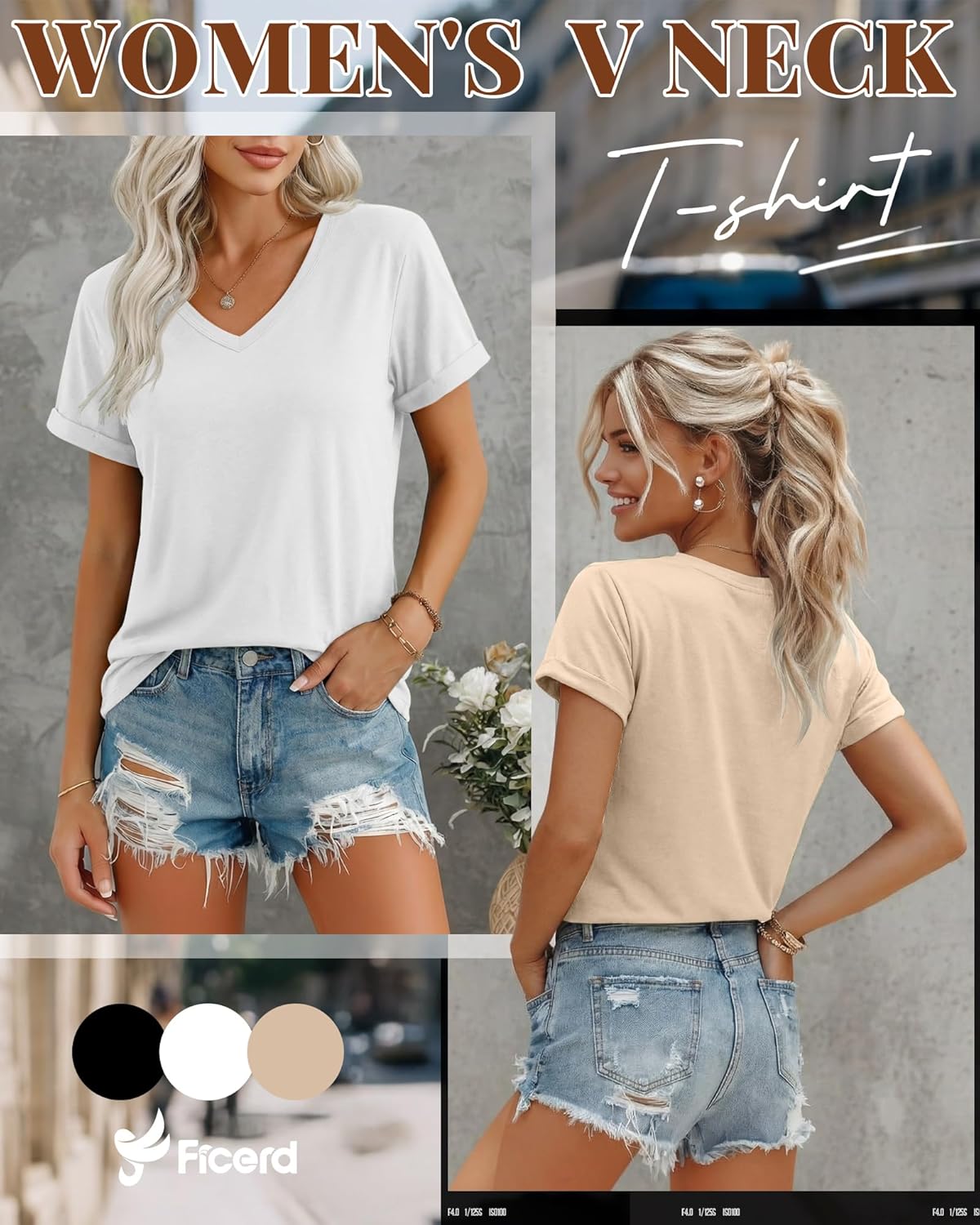 Ficerd 3 Pack Women's V Neck T Shirts, Summer Casual Short Sleeve Tops Loose Fit Rolled Sleeve Tees Trendy Shirts - Image 3