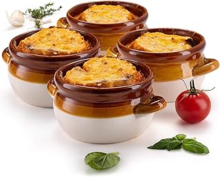 KooK French Onion Soup Bowl, French Onion Soup, Crock, Oven Safe Bowl, Ceramic, Handles, Stoneware, Dishwasher, Microwave, Oven & Broil Safe 16oz Standard Capacity & 18oz Full Capacity Set of 4