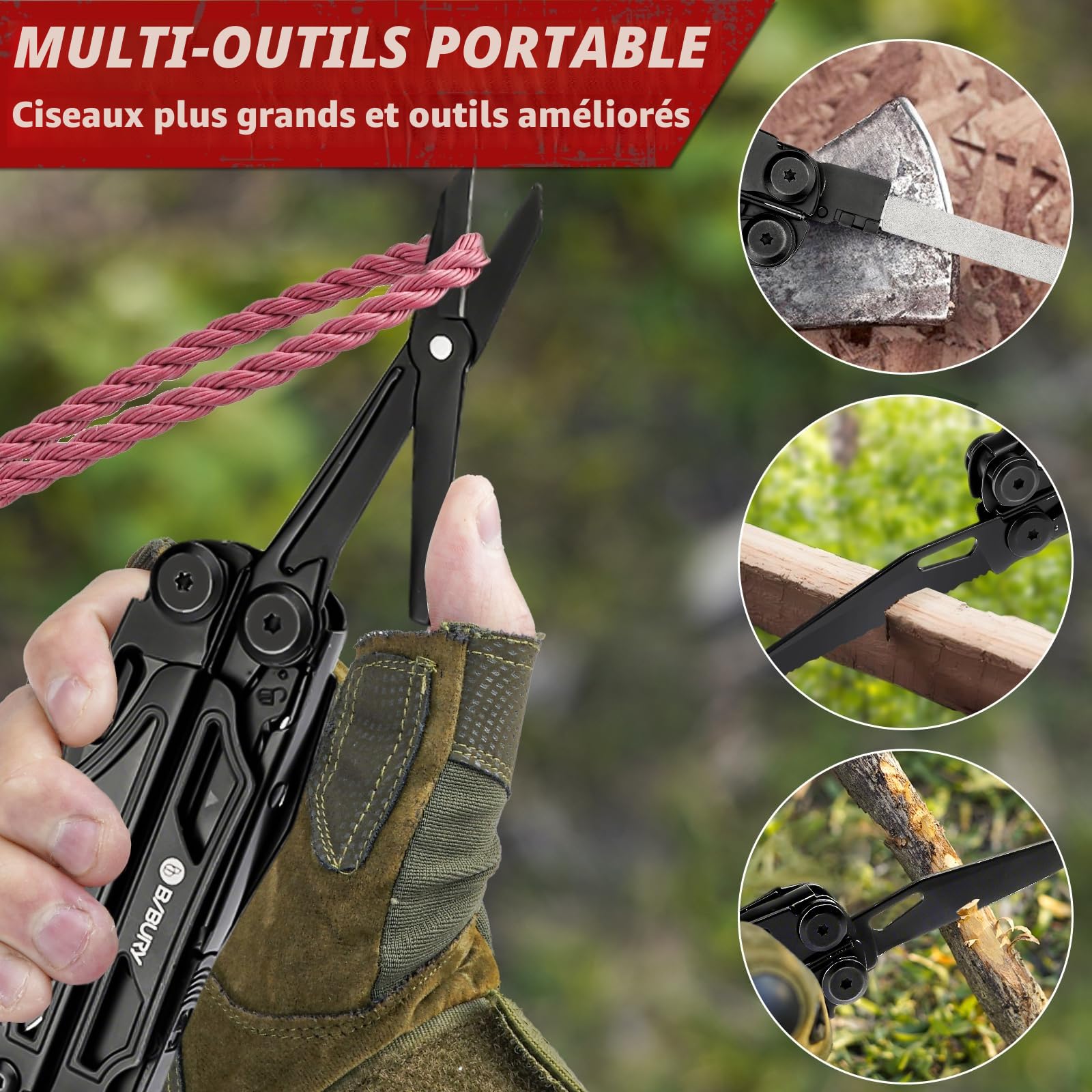 BIBURY Pince Multifonctions en Acier Inoxydable, Outil Multifonction avec Ciseaux, Scie et de Tournevis Interchangeables, Multitool pour Extérieur, Camping, Randonnée, Idee Cadeau Homme Original