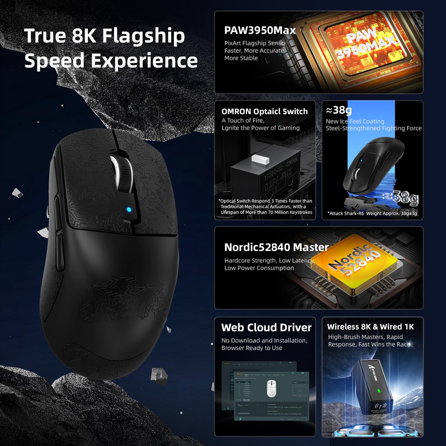 MAMBASNAKE x ATTACK SHARK R6 39g SUPERLIGHT Mouse with Grip Tape, PixArt PAW3950MAX Gaming Sensor, Wireless 8K, MCU Nodic 52840, BT/2.4G/Wired Gaming Mouse, Adjustable DPI 42000, for Win11/Xbox/PS/Mac