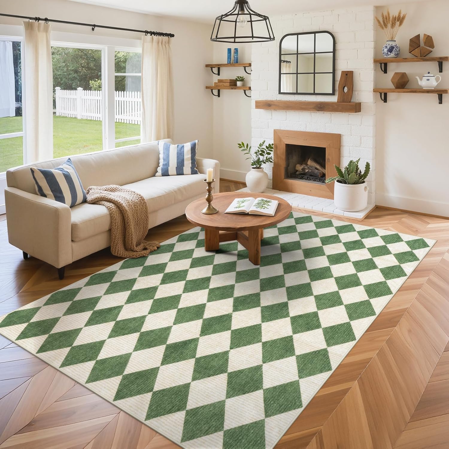 LIVEBOX 5x7 Checkered Rugs for Living Room, Washable Diamond Green Rug Non-Slip Modern Neutral Geometric Plaid Area Rugs for Bedroom, Low Pile Farmhouse Carpet for Office Kids Room Classroom Dorm