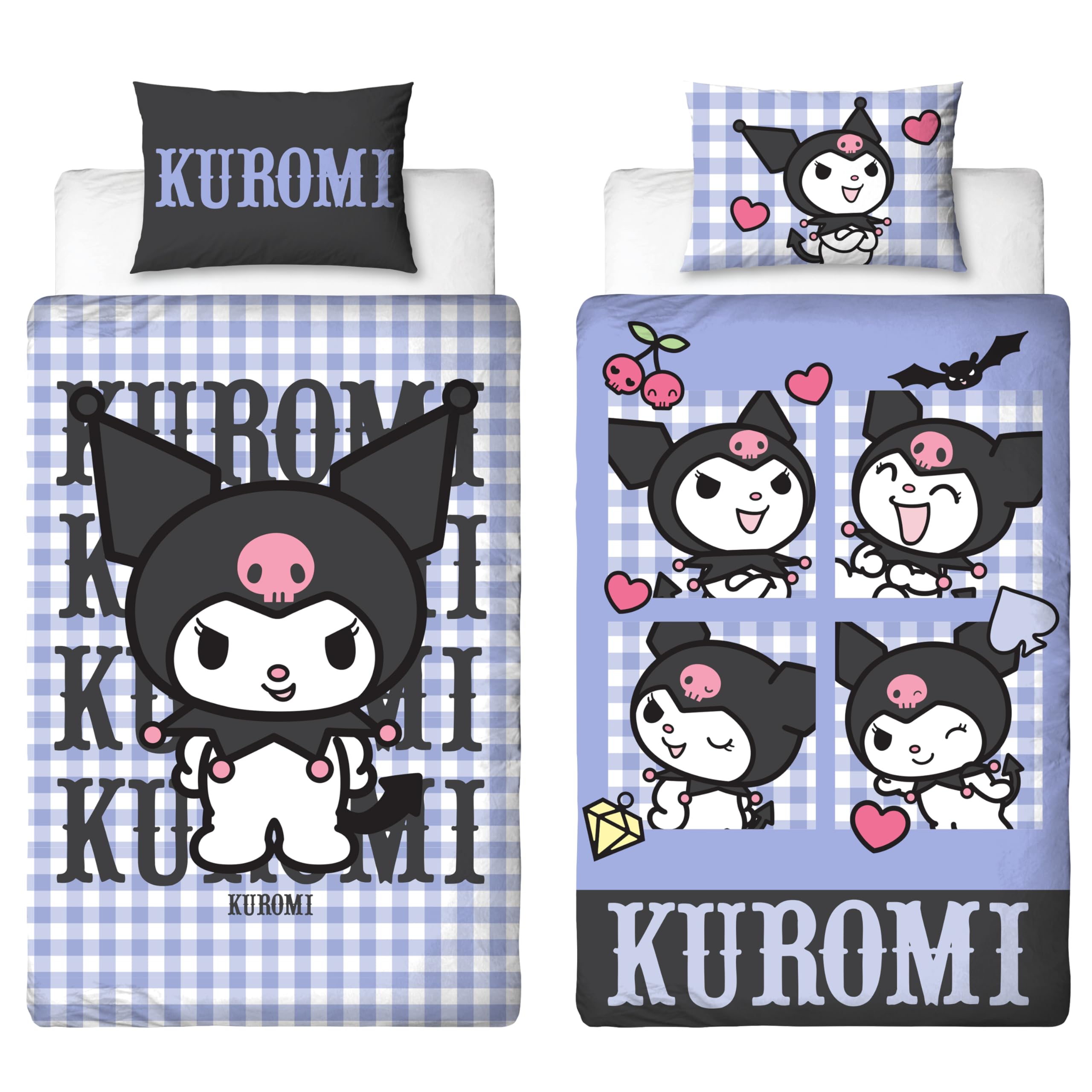 Set copripiumino singolo con licenza ufficiale Hello Kitty Rebel Design | Biancheria da letto Kuromi reversibile a 2 lati con federa coordinata | Perfetto per la camera dei bambini | Policotone