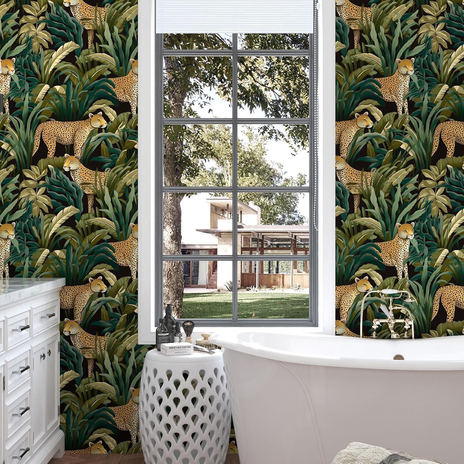 Leopard Peel and Stick Wallpaper Vintage Jungle Animal Contact Paper Tropical Flower Wall Mural Home Vinyl Waterproof Self Adhesive Removable Renter Friendly Wall Paper 17.5" x 393"