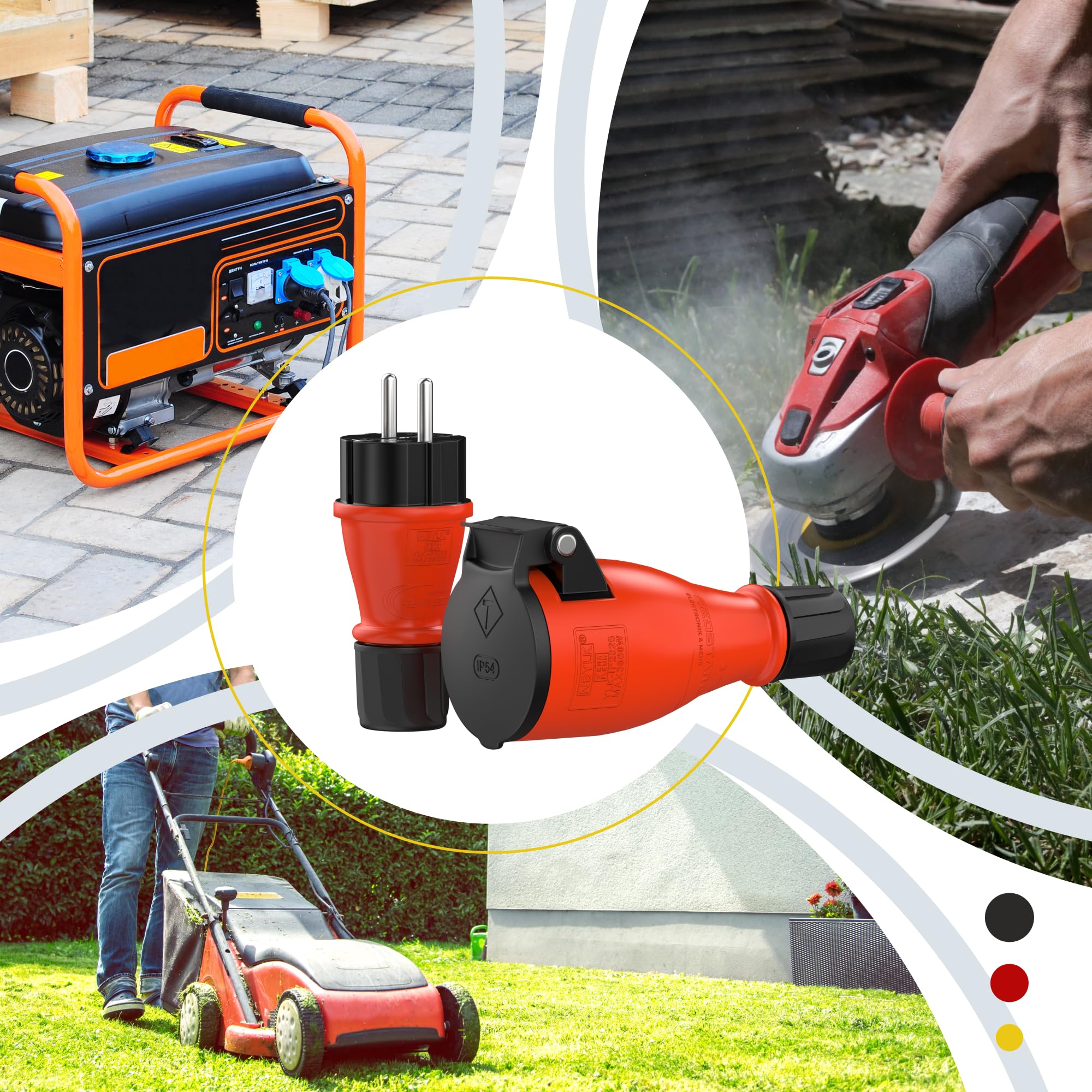 Set di spine e giunti in gomma Schuko / presa IP54 | Prolunga | gomma e plastica | per esterni / esterni | chiusura ermetica con sigillo, azionamento a una mano (Set, IP54)