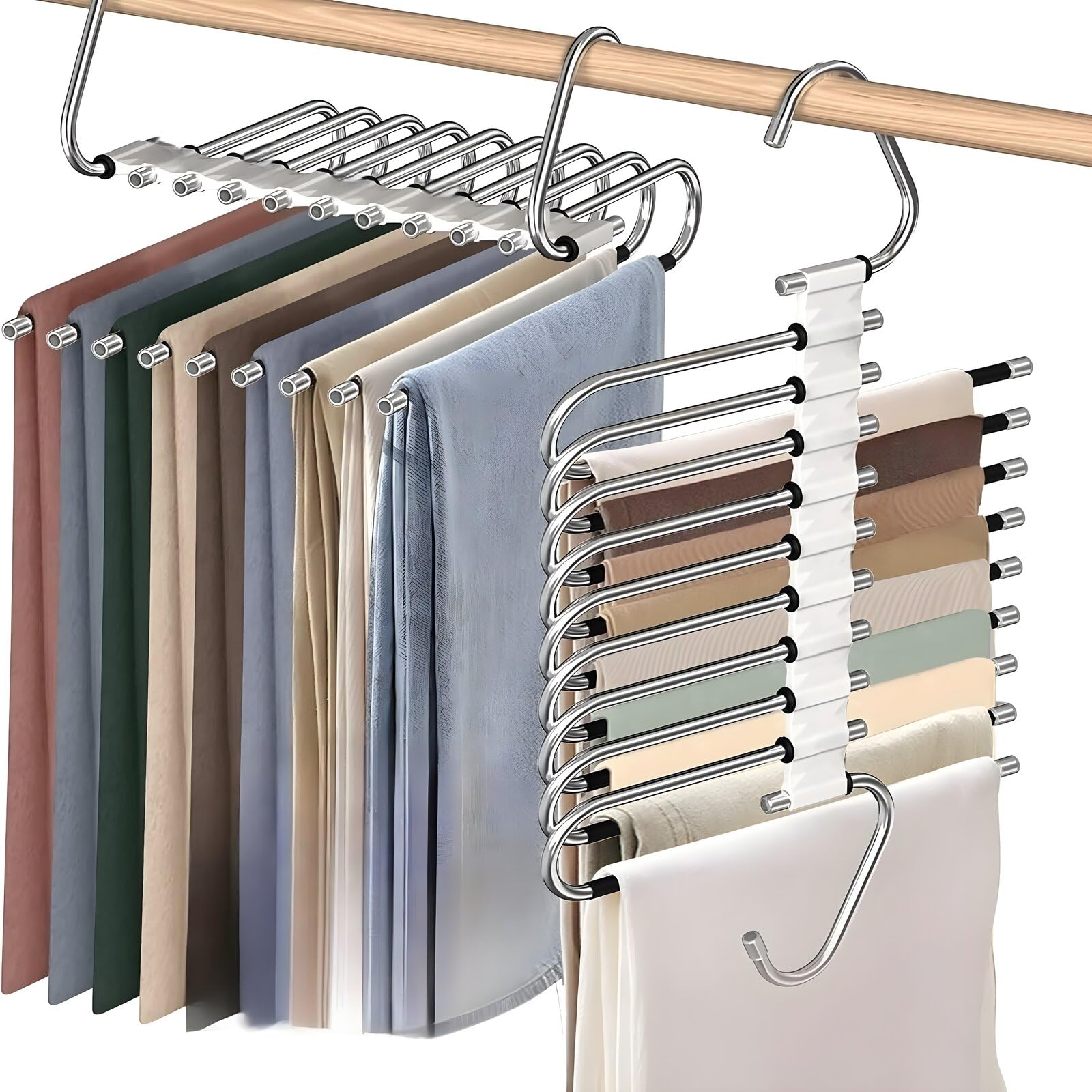 Pants Hangers 2-Pack 9 in 1 Space-Saving S-Type Stainless Steel Clothes Pants Hangers with Anti-Slip Design, Ideal for Clothes Closet Storage Organizer of Pants, Jeans, Skirts in White color