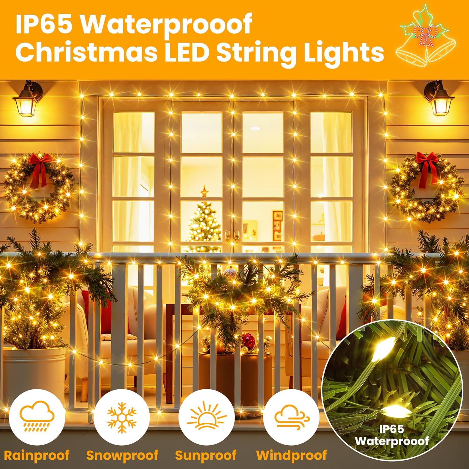 Larkvue 394FT 1200 LEDs String Lights with Remote, Waterproof Dimmable 8 Modes Christmas Tree Fairy Rope Light with Timer & Memory Function-Warm White