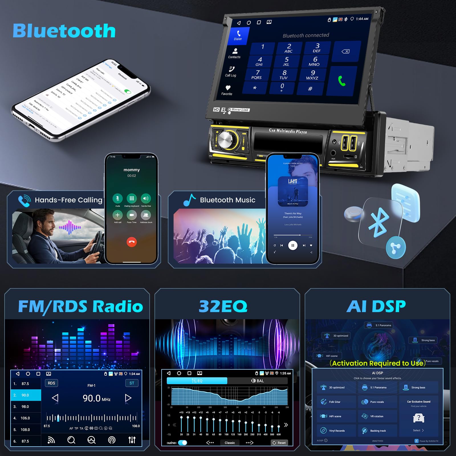 Hikity 7 ''lecteur Radio Stéréo De Voiture HD écran Tactile Rétractable Lecteur Multimédia De Voiture Universel 1din Carplay Android Auto GPS RDS