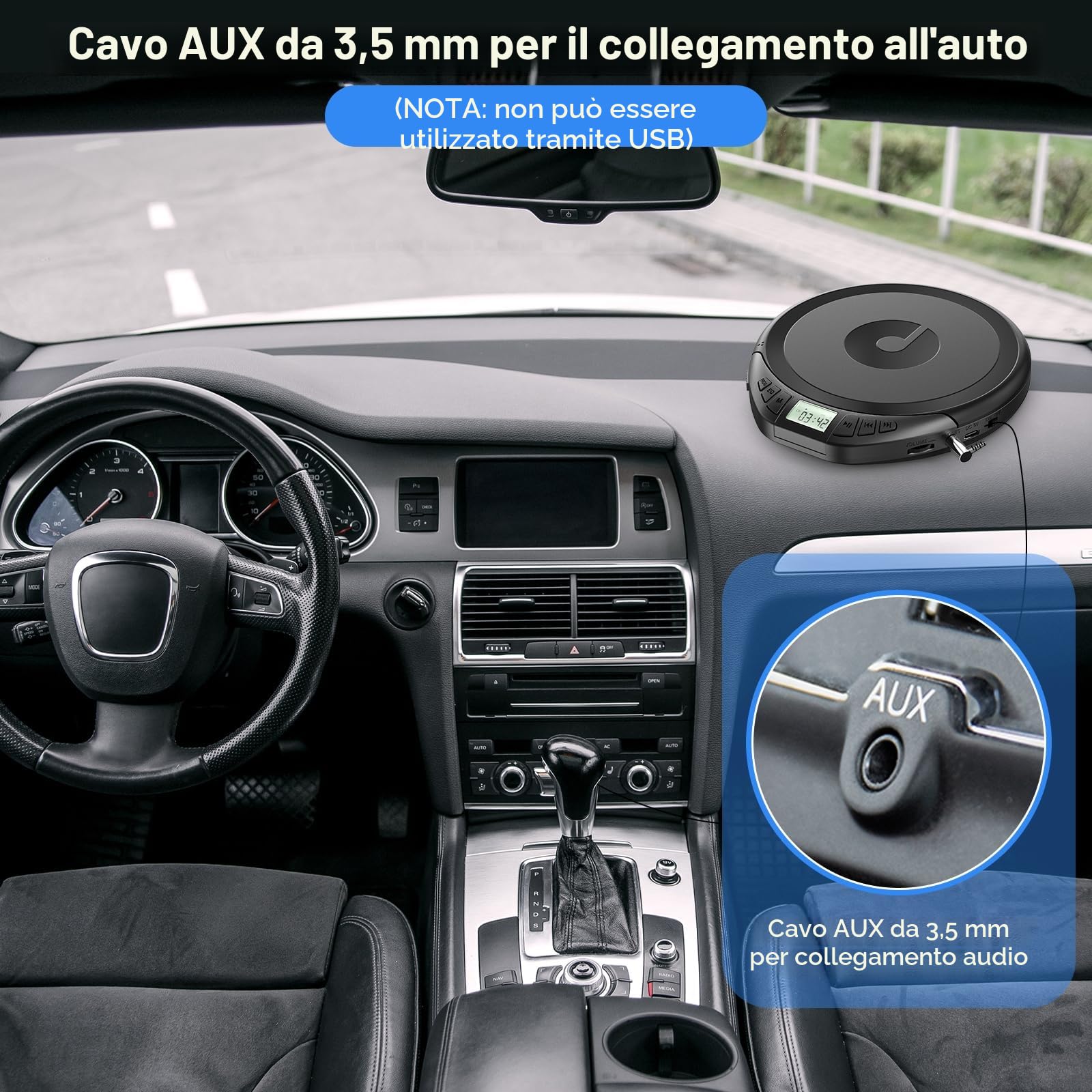 Lettore CD Portatile HiFi con Cuffie Display LCD Anti-Skip