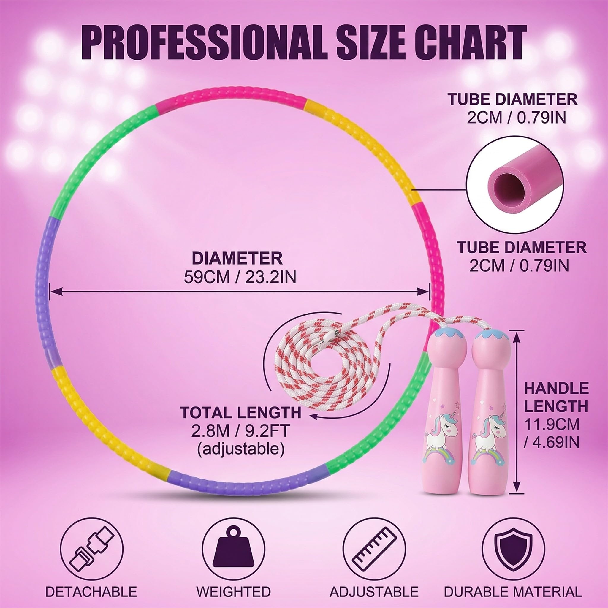 Set Hula Hoop per Bambini 59cm 93g, 8 Segmenti Hulahoop per 3-12 Anni, Corda per Saltare Unicorno per Giochi All'aperto & Regalo di Compleanno
