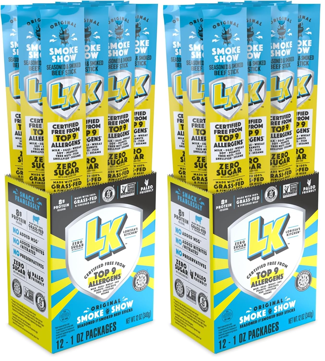 Lorissa's Kitchen Heat Seeker Jalapeno Beef Sticks - (Pack of 12) 1 oz Meat Sticks - Ready to Eat Protein Snacks - Free from Top 9 Allergens - Made with Grass-Fed & Finished Beef - Zero Sugar
