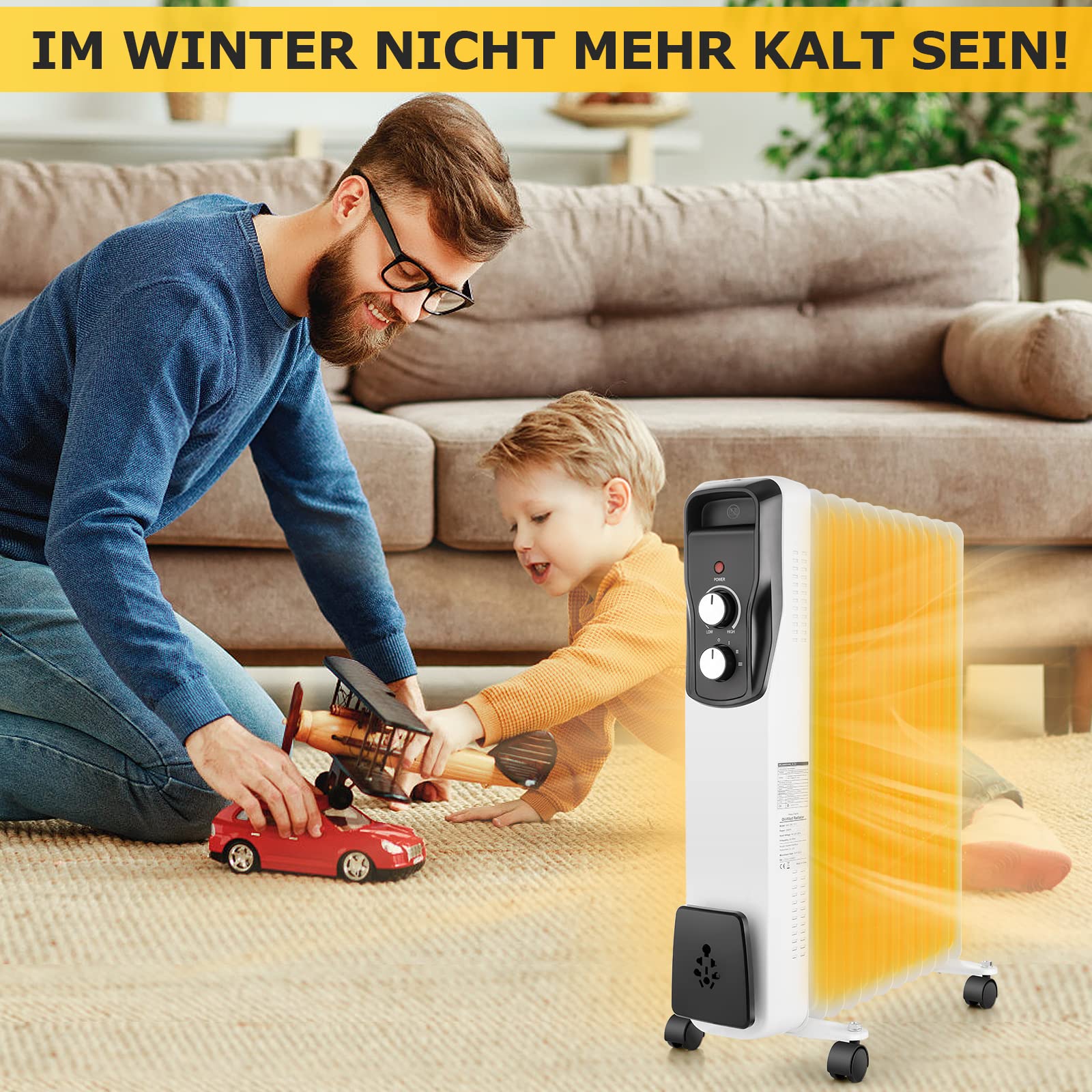 COOCHEER Radiador de Aceite, 2500 Radiador Eléctrico de Aceite, 3 Niveles, Recogecables, Termostato Regulable, Ruedas Giratorias, Protección sobrecalentamiento