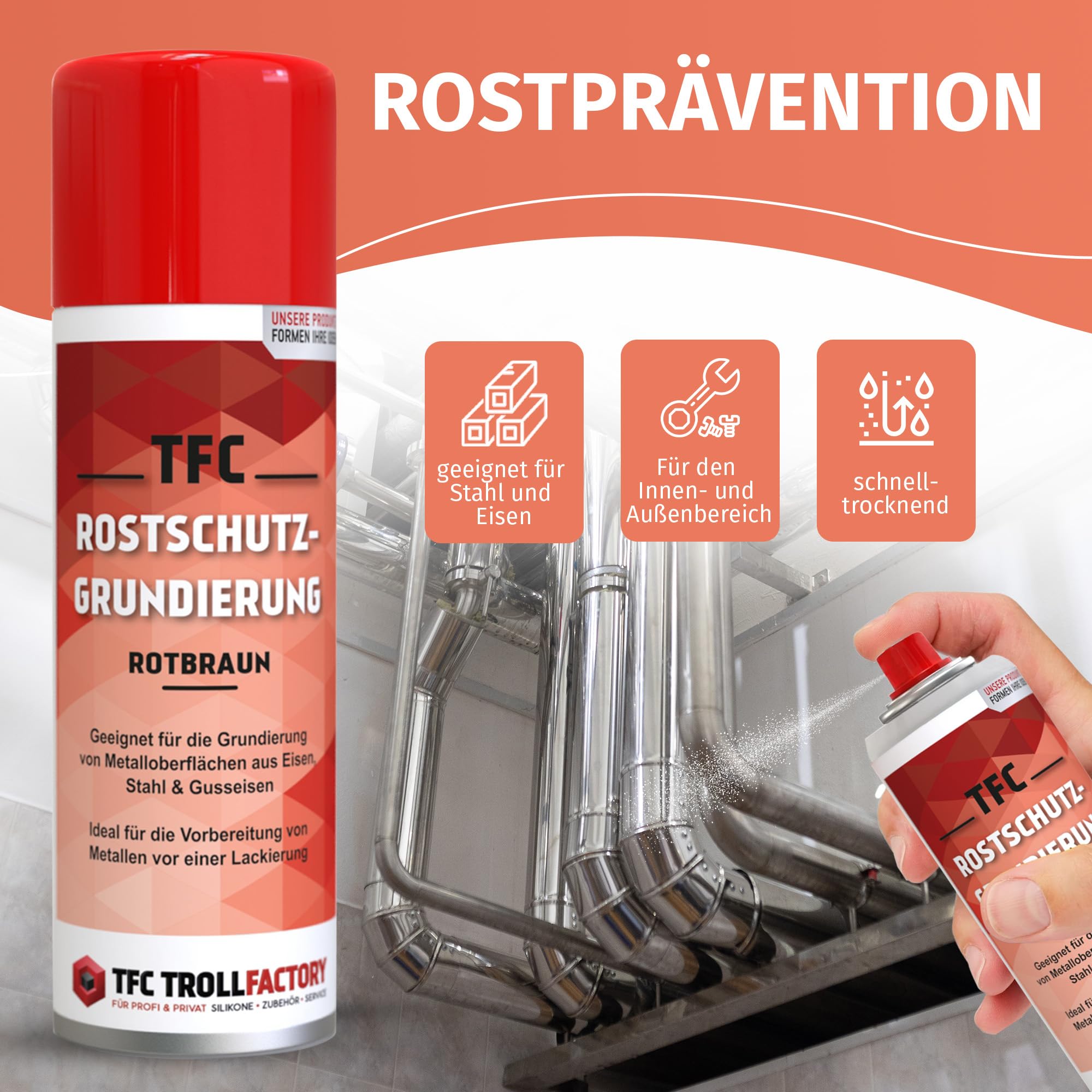 TFC spray antykorozyjny, bardzo skuteczny, szybkoschnący spray antykorozyjny, odporny na zarysowania, możliwość ponownego lakierowania, odporny na rdzę w kolorze czerwono-brązowym, do użytku wewnątrz