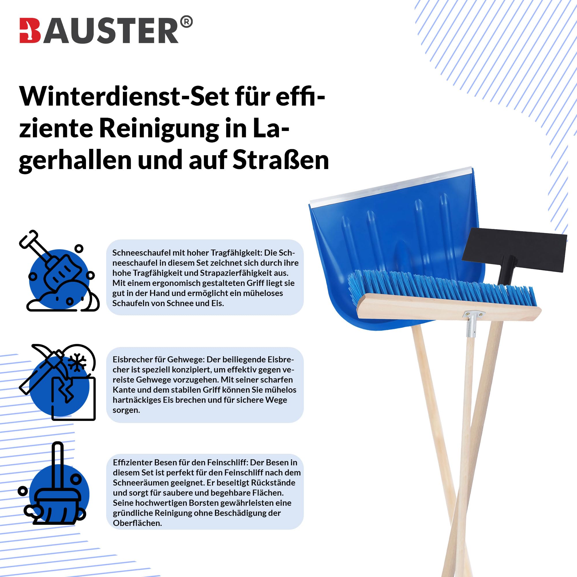 Kit de déneigement pour un nettoyage efficace dans les entrepôts et sur les routes - Avec pelle à neige, pousse-glace et balai - 50 cm - Élimination de la neige et de la glace