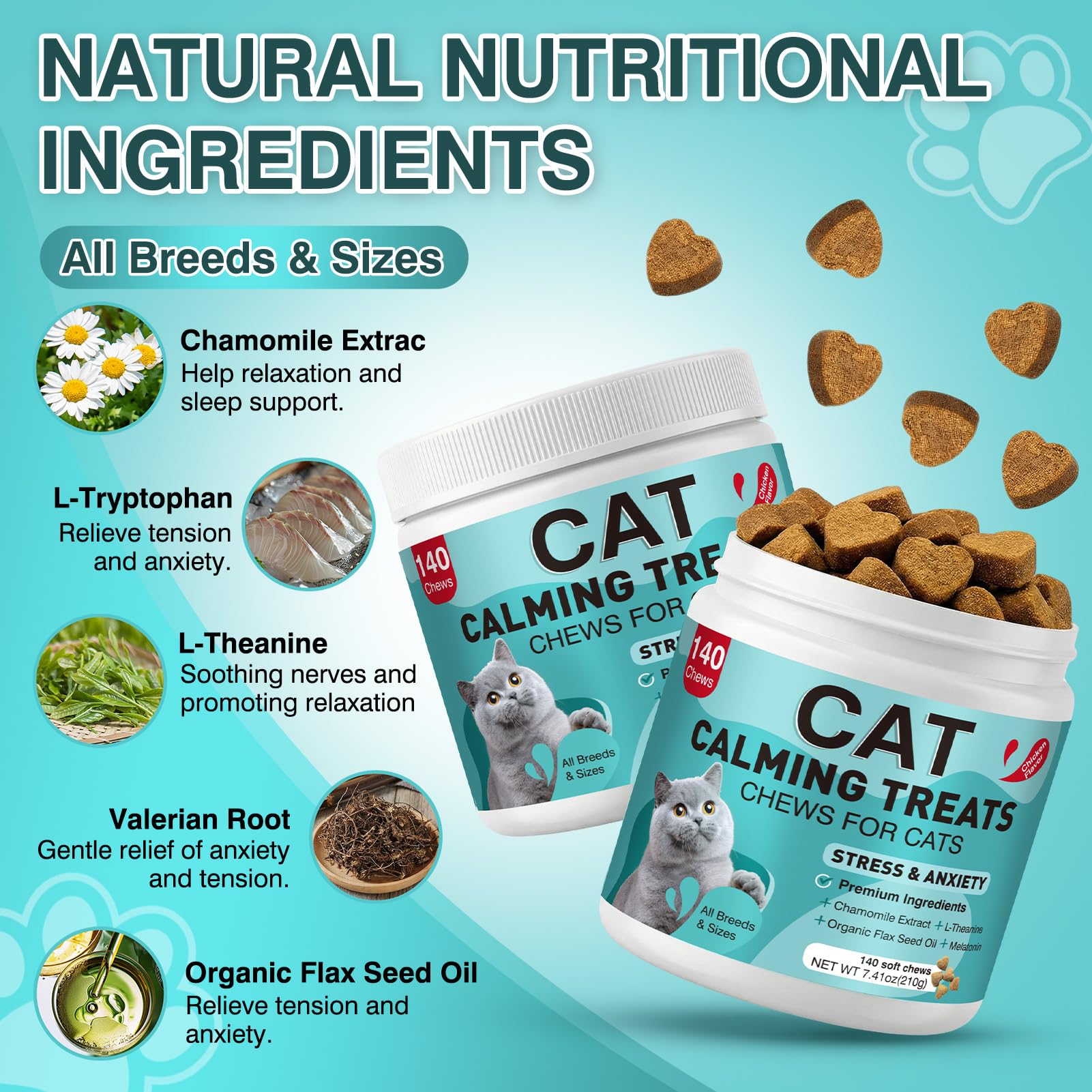 MNQAXZ Cat Calming Treats, 140 Soft Chews to Relieve Anxiety, Stress & Prevent Bites, Perfect for Travel & Veterinary Visits, Soothing Calming Care for Indoor Cats Chicken Flavor 7.41 OZ - image 3