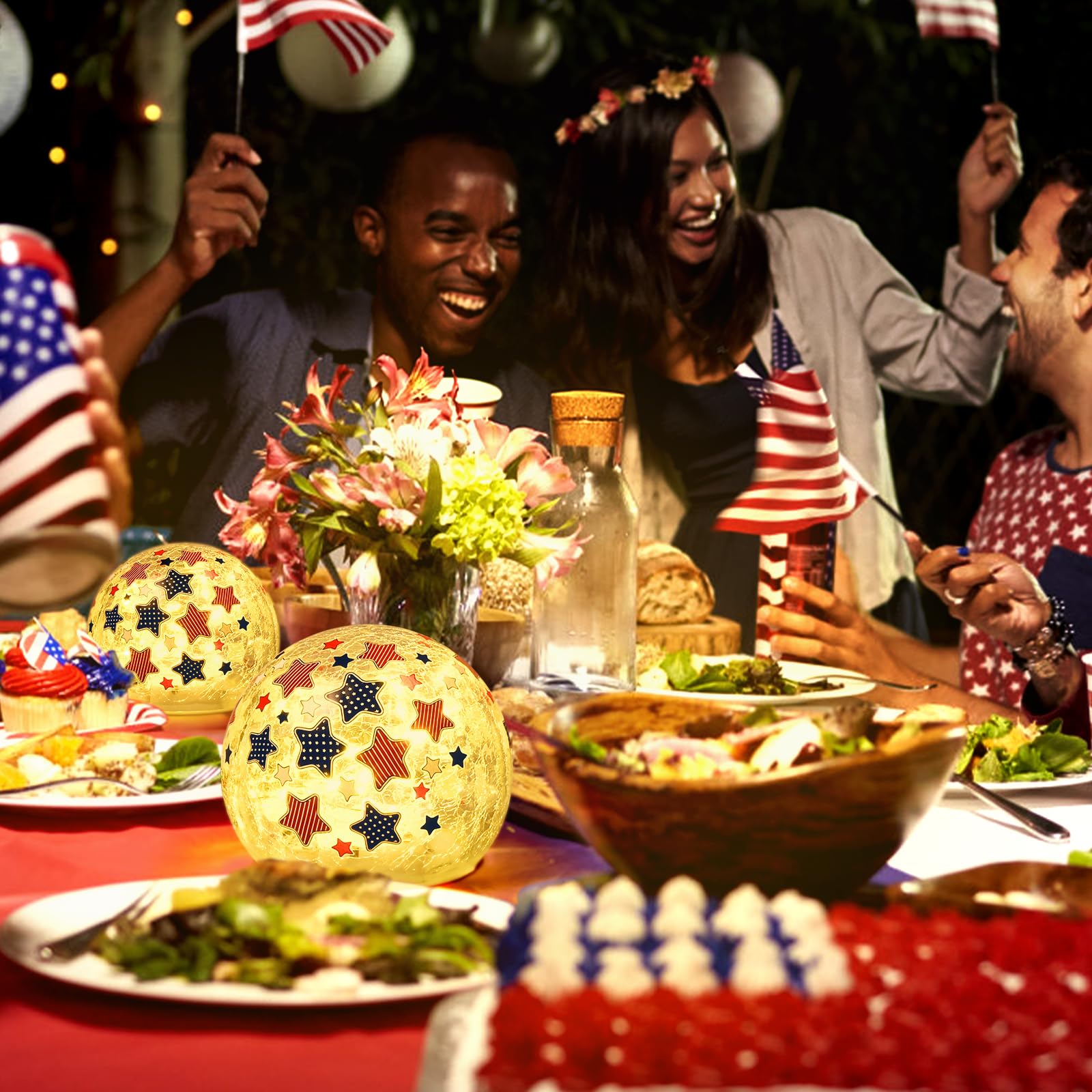 dededa 4th of July Decorations Crackle Glass Ball Light, 4'' American Flag Lights Table Centerpiece Decor, Battery Operated LED Patriotic Globe Star Lamp for Independence Day (White, 2Pcs)