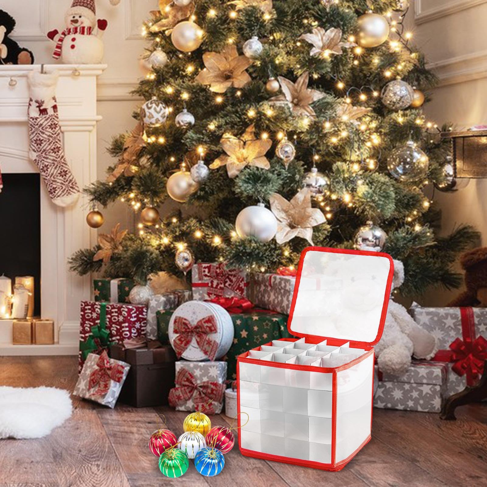 Ohuhu Opbergdoos voor kerstballen, 64 compartimenten, met zak aan de achterkant, opslag van delicate kerstdecoraties en kerstballen