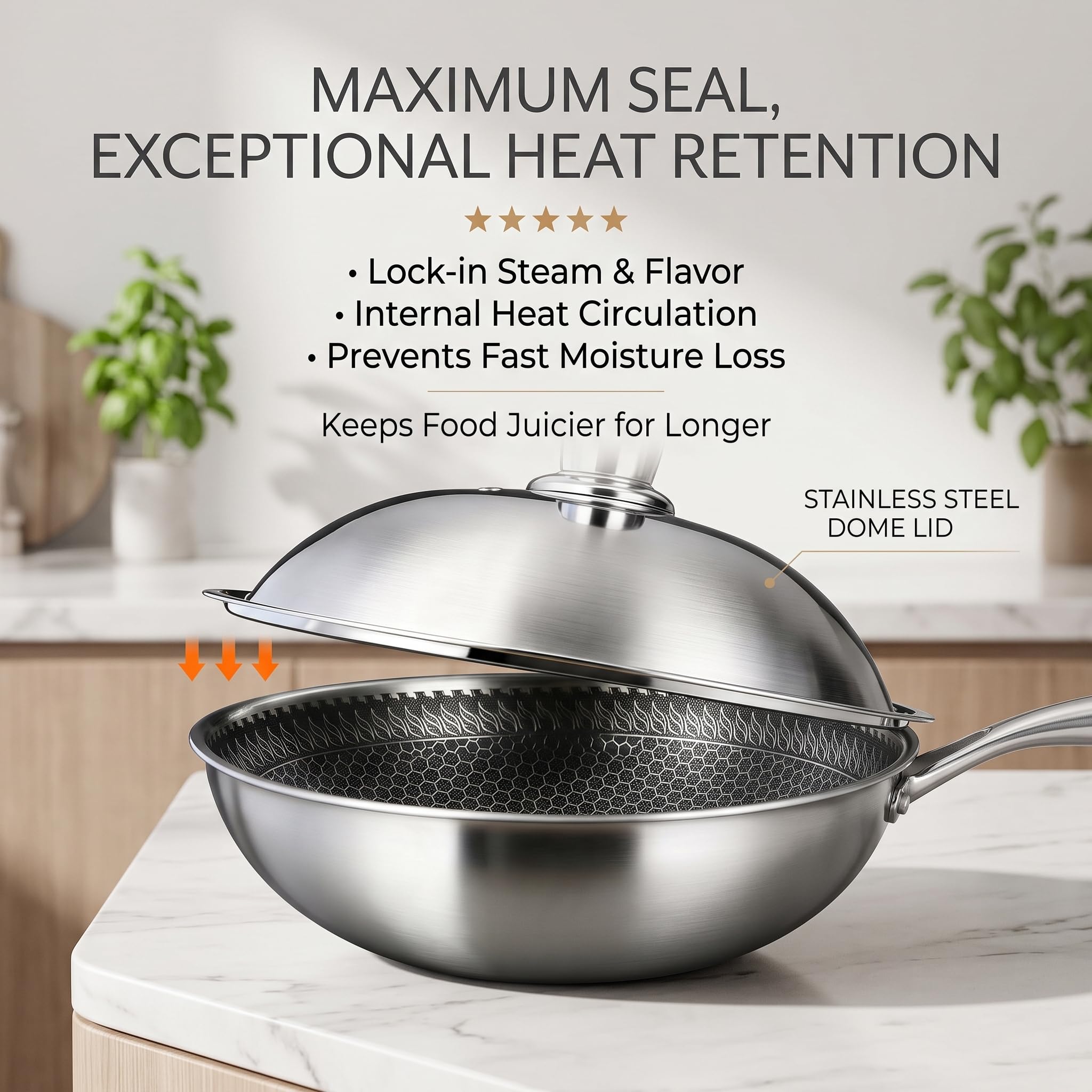 Copertura per Wok, copertura per imbastitura in acciaio inossidabile 304 a cupola alta, coperchio per Wok adatto a pentole interne da 32-33, 5 cm, argento
