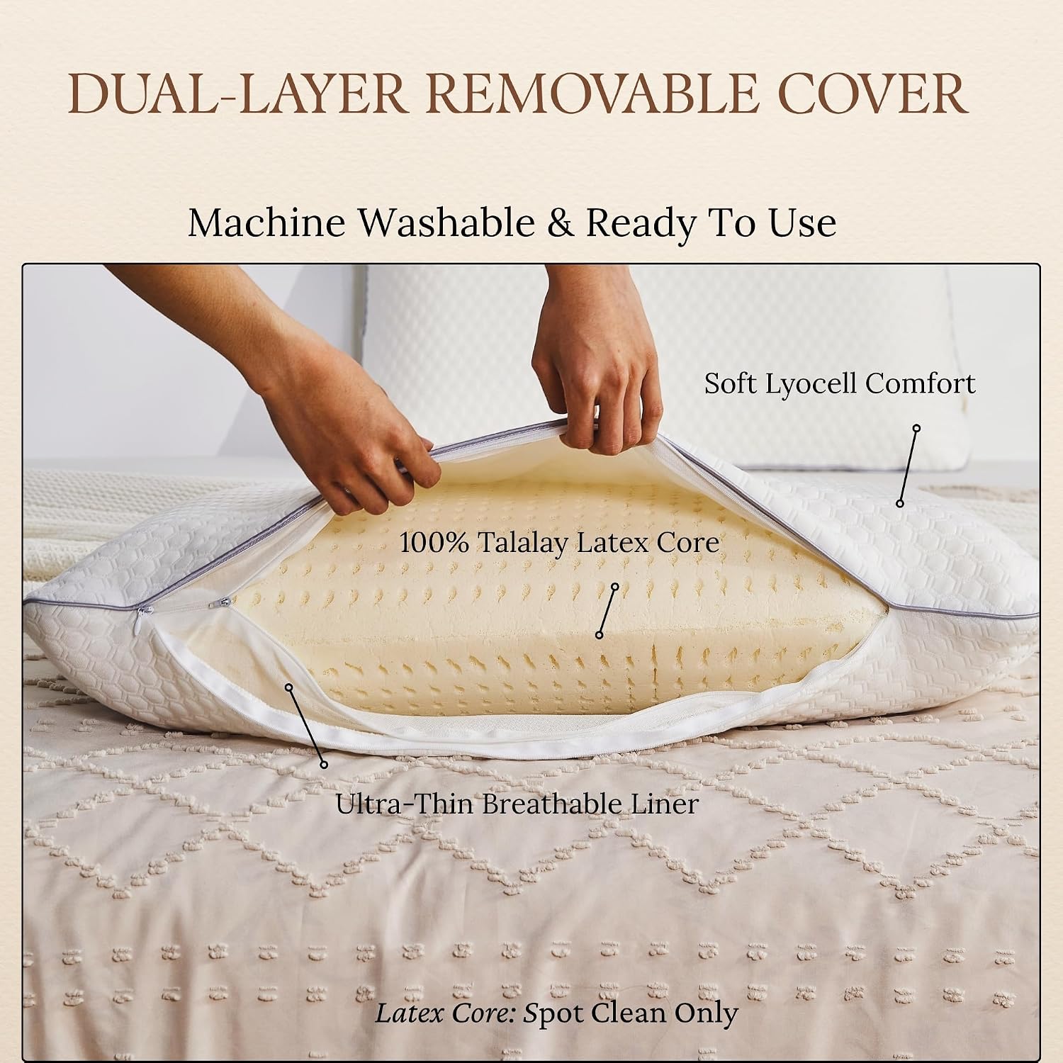 Latex Pillow Queen Size for Side & Back Sleepers, 100% Natural Talalay Latex, Medium Firm Neck & Shoulder Support, Pressure Relief, Dual-Layer Removable Cover, Oeko-TEX Certified