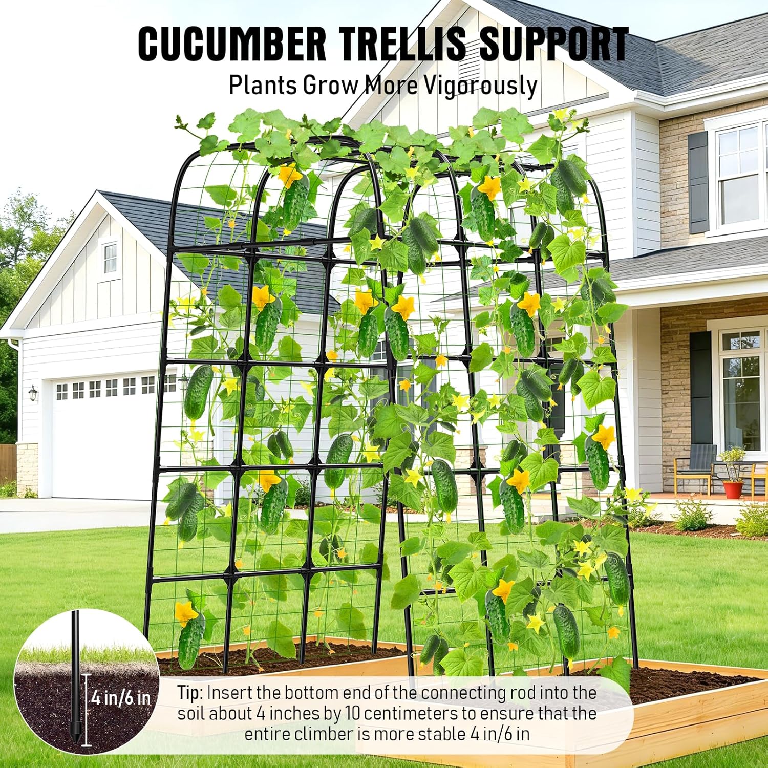 Garden Trellis Arch 7FT PP-Coated Stainless Steel Metal Extra Tall Cucumber Trellis Arch Garden Arch Trellis for Climbing Plants Outdoor Vegetable Trellis with Trellis Netting