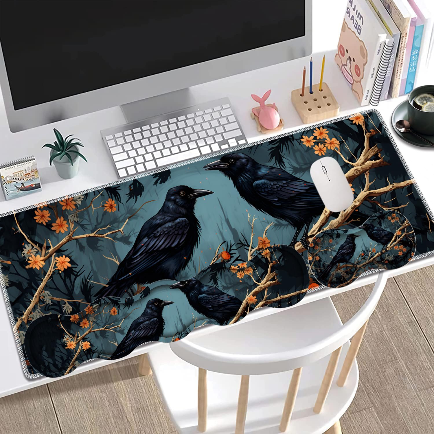 Large Gaming Mouse Pad + Keyboard Wrist Rest + Wrist Support + Coaster Set, Memory Foam Ergonomic for Easy Typing, XXL Extended Gaming Mouse Pad Table Pad - Branch Crow