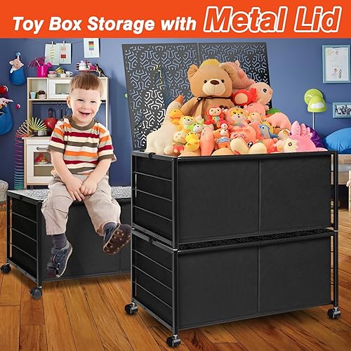 Miniatura 2 de Haturi Caja grande de almacenamiento de juguetes de metal, 2 unidades de almacenamiento y organizador grande de juguetes con tapa de metal,