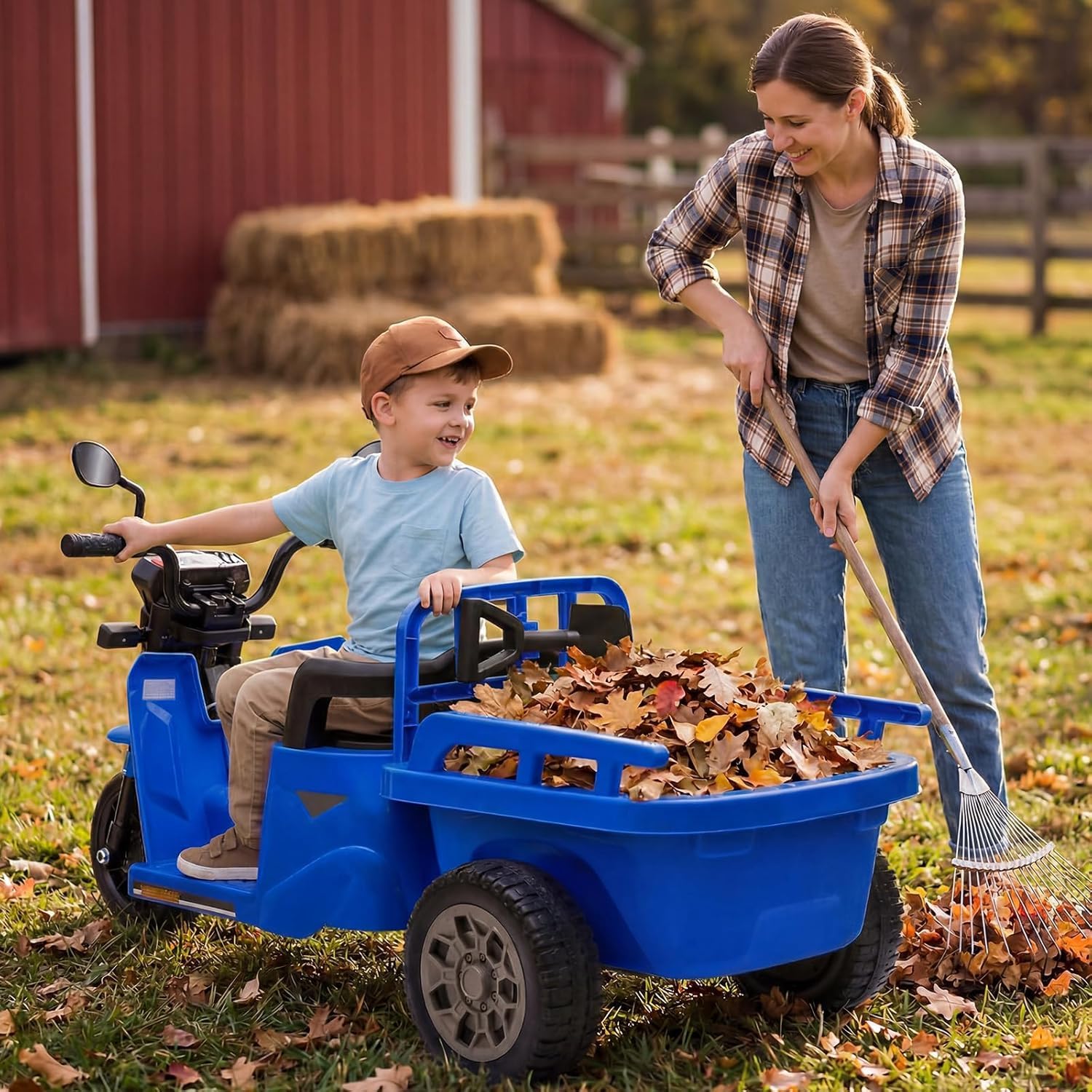 Elektrischer Traktor mit Anhänger 12V, Tuk-Tuk für Kinder, Dreirad, Musik, LED, Hupe – Elektrisches Kinderfahrzeug, Outdoor Spielzeug, 3-6KM/H, Elektro-Trike für Kinder von 3–8 Jahren