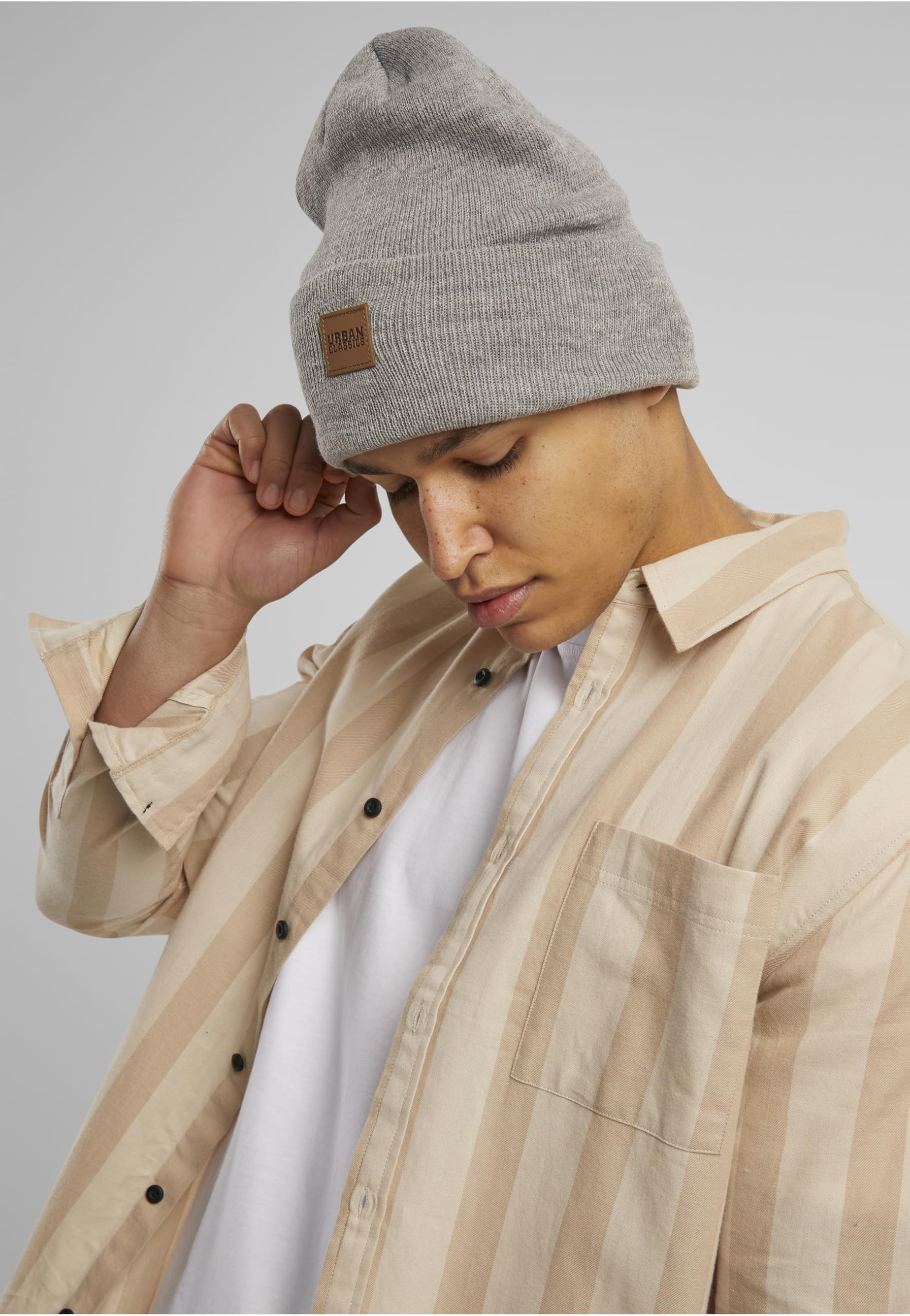 Urban Classics Uniseks Leatherpatch Long Beanie Czapka Zimowa, Szary