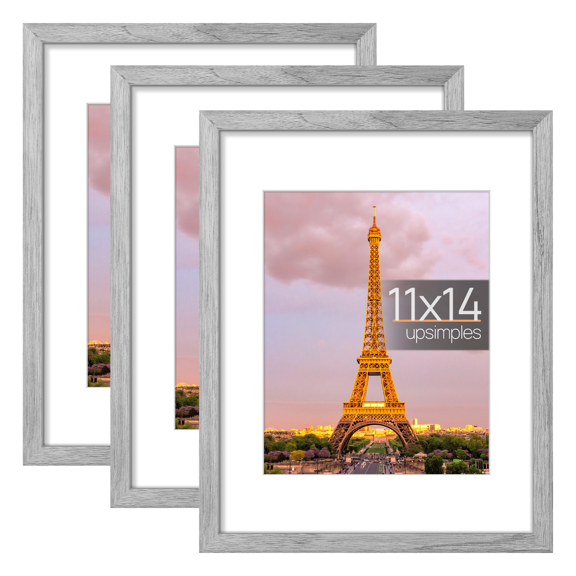 upsimples 11x14 Picture Frame Set of 3, Made of High Definition Glass for 8x10 with Mat or 11x14 Without Mat, Wall and Tabletop Display Photo Frames, Gray