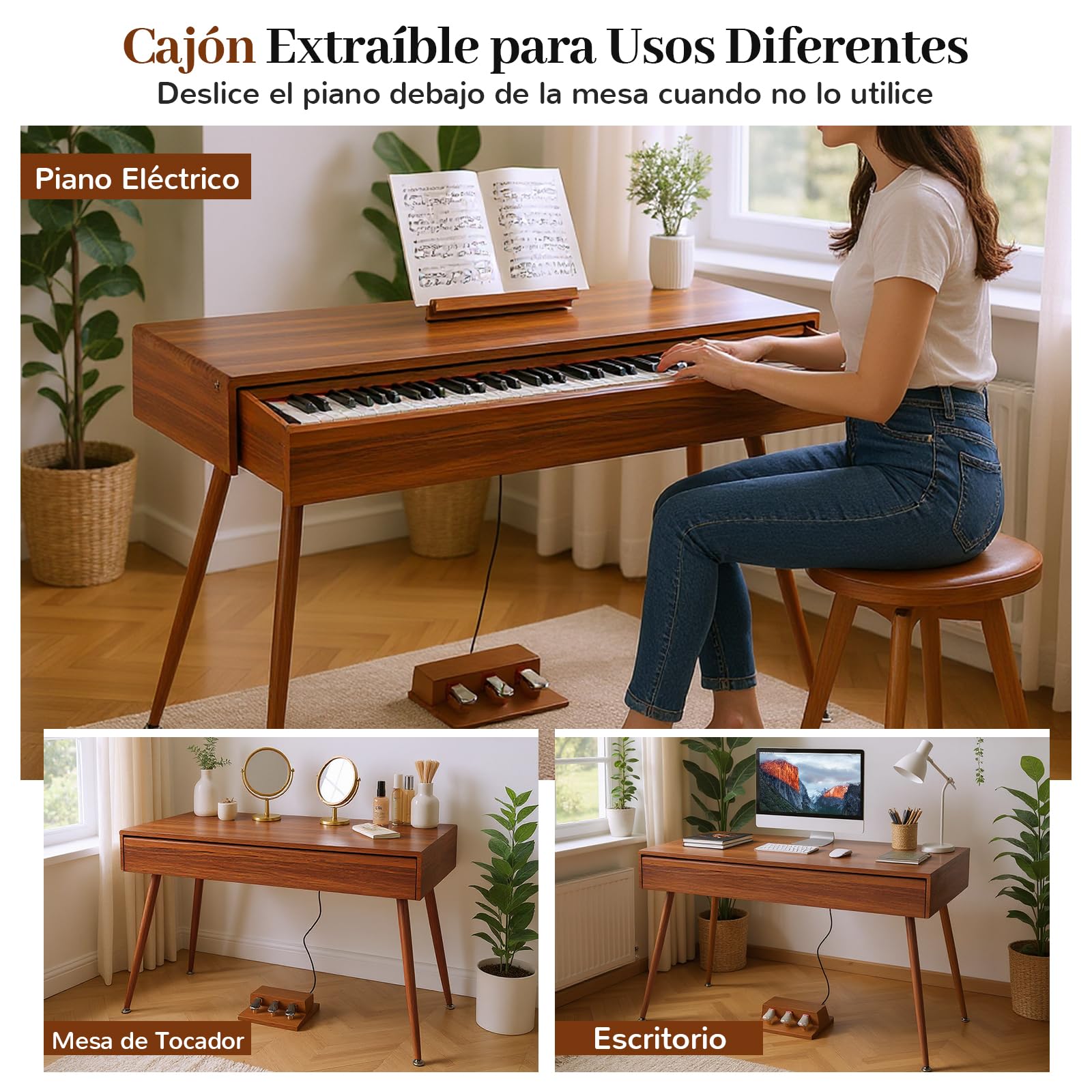 COSTWAY Piano Digital de 88 Teclas Contrapesadas con Acción de Martillo, Piano Eléctrico de Tamaño Completo con Cajón Extraíble, Función de Grabar y Reproducir, Triple Pedal y Doble Altavoces