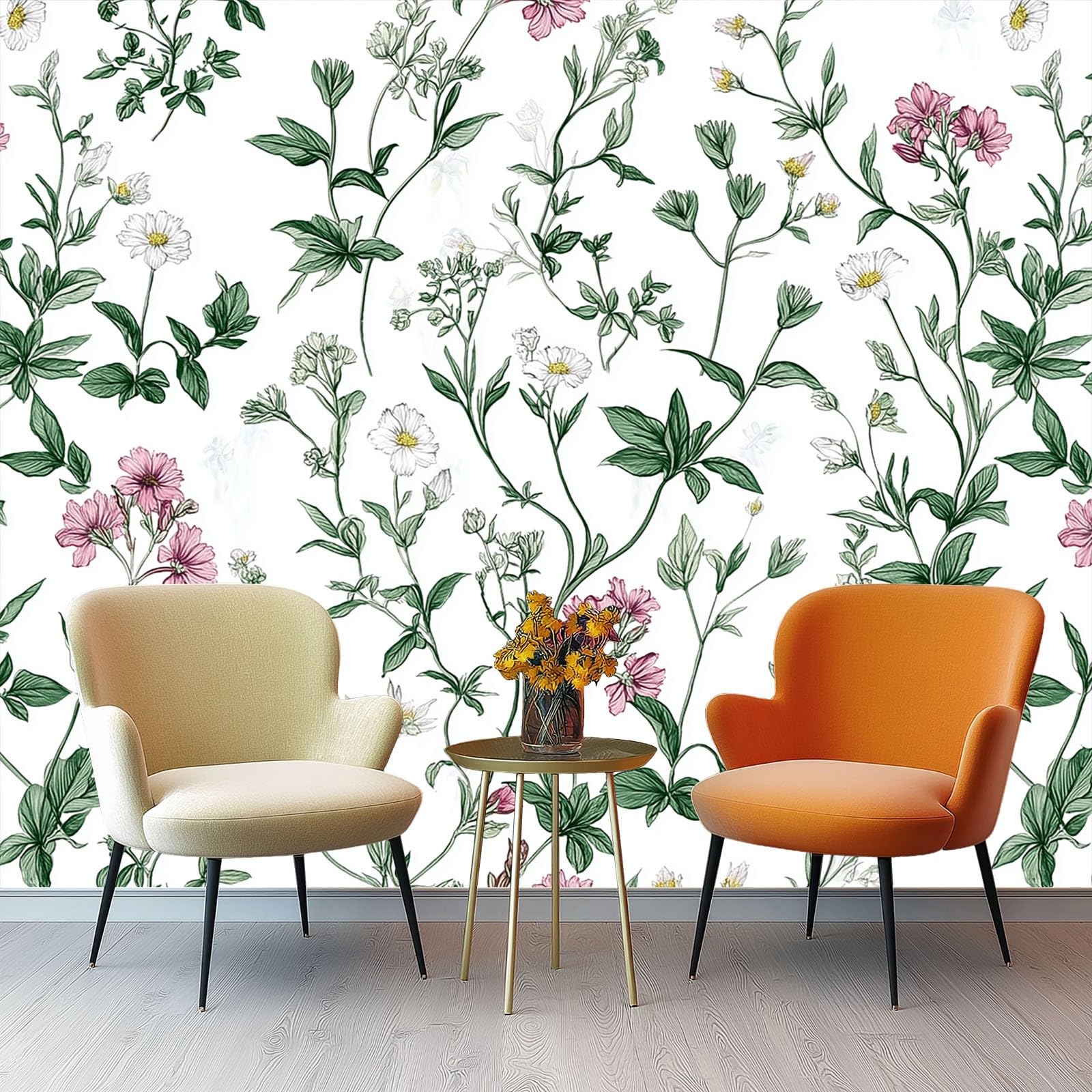 Papeles pintados 300 x 210 cm, Acuarela Textura Flores Hojas Papel pintado tejido-no, decoración de pared fotografía moderna diseño murales Vistoso