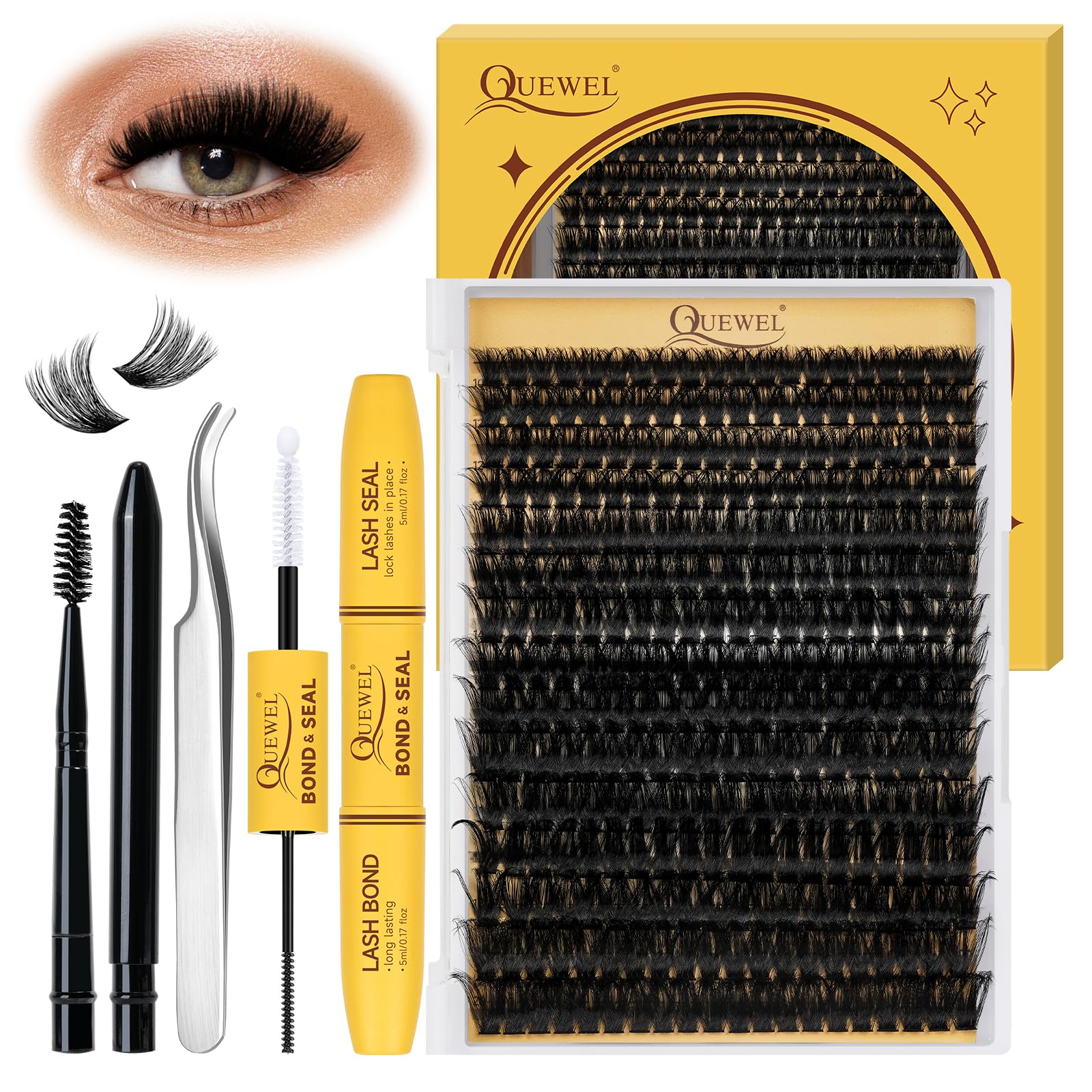 QUEWELCluster-Lashes Kit 300Pcs 100D Lash Clusters Mix 12-18mm Thick Individual Eyelashes Bond and Seal Lash Kit and Lash Tweezers Easy DIY at Home(100D-Kit)