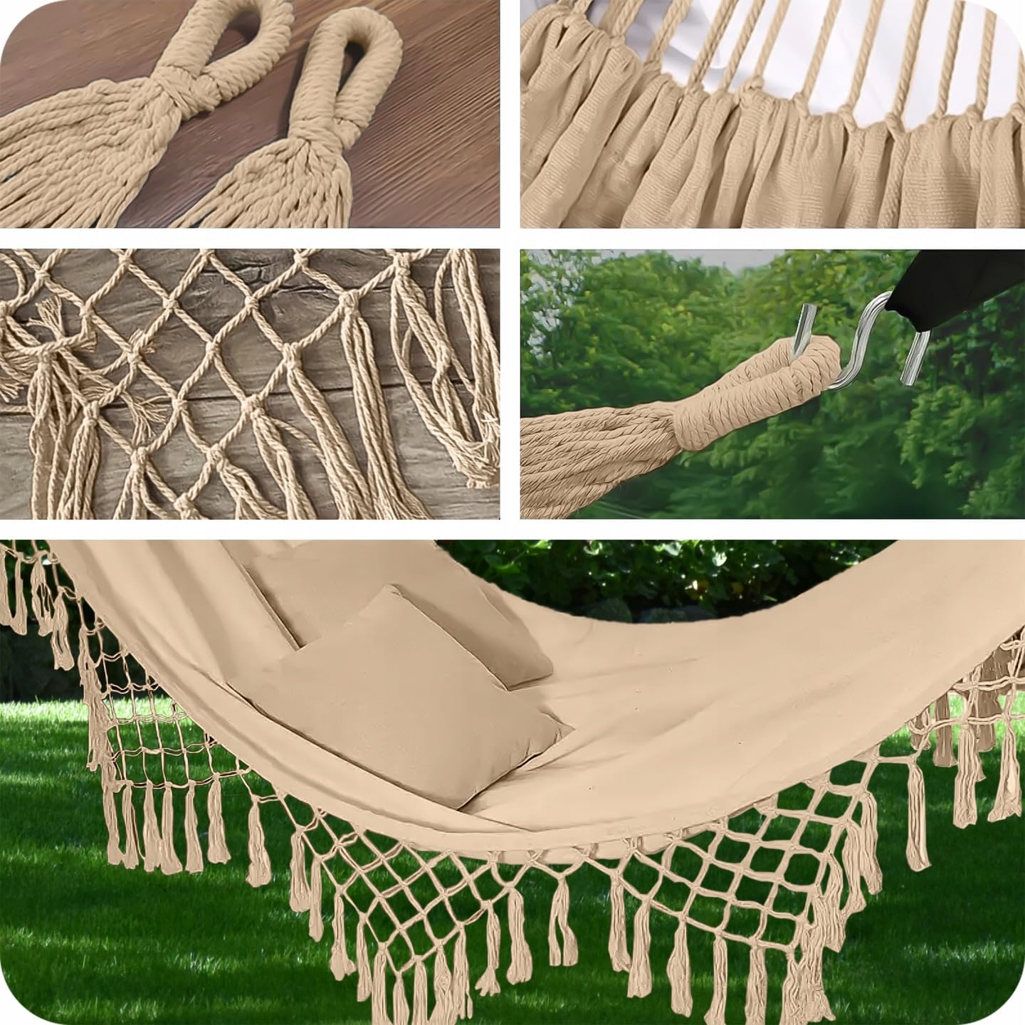 Amaca da esterno in stile bohémien 190 x 150 cm beige 120 kg cotone poliestere con frange sacchetto trasporto