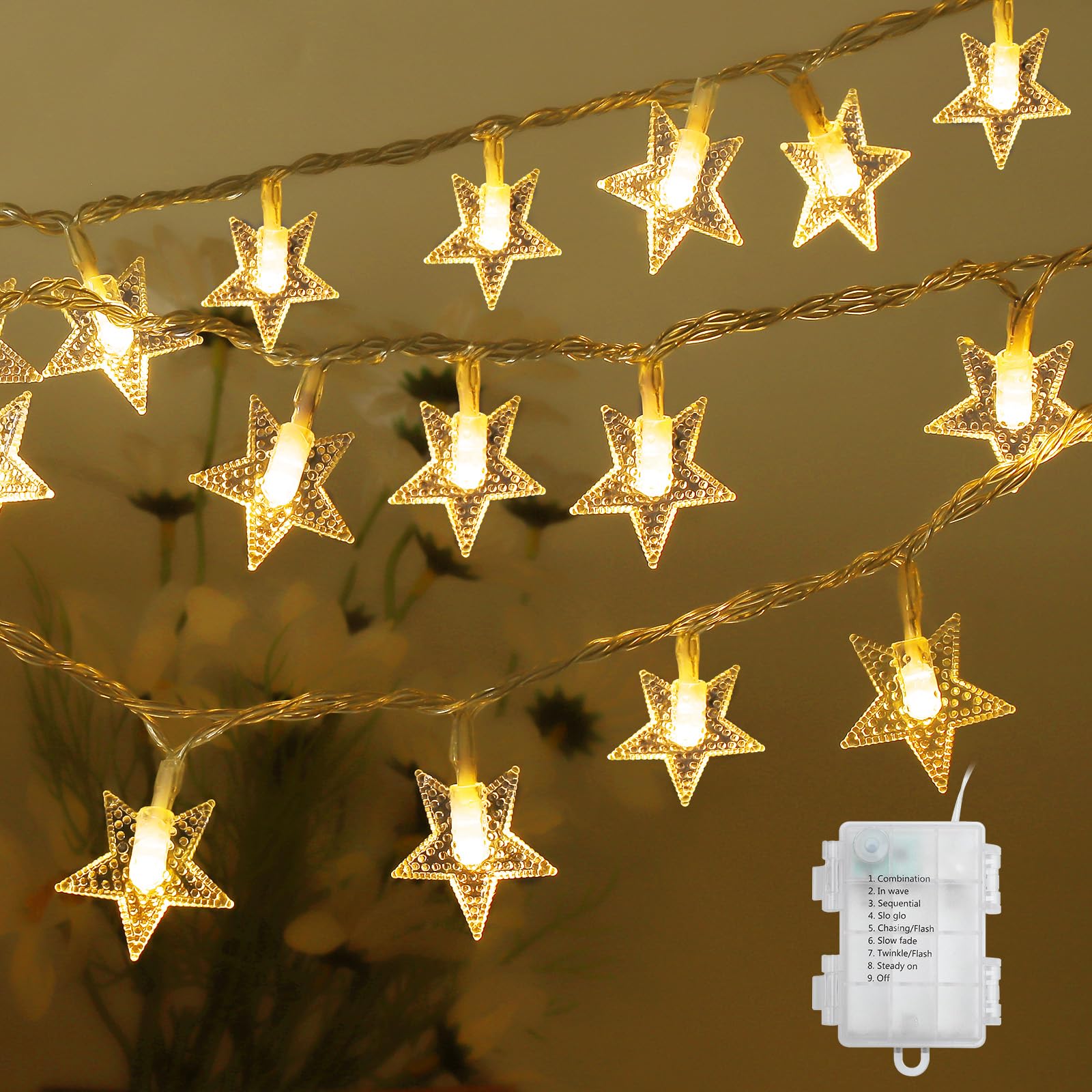 Coomoors Luces de Hadas Estrella 8 Modos Light de Cadena, Cadena de Luces con Pilas, Fairy Light Star Guirnalda Luminosas Exterior Interior Decorativa para Decoración Festiva Jardín,Fiestas,Bodas