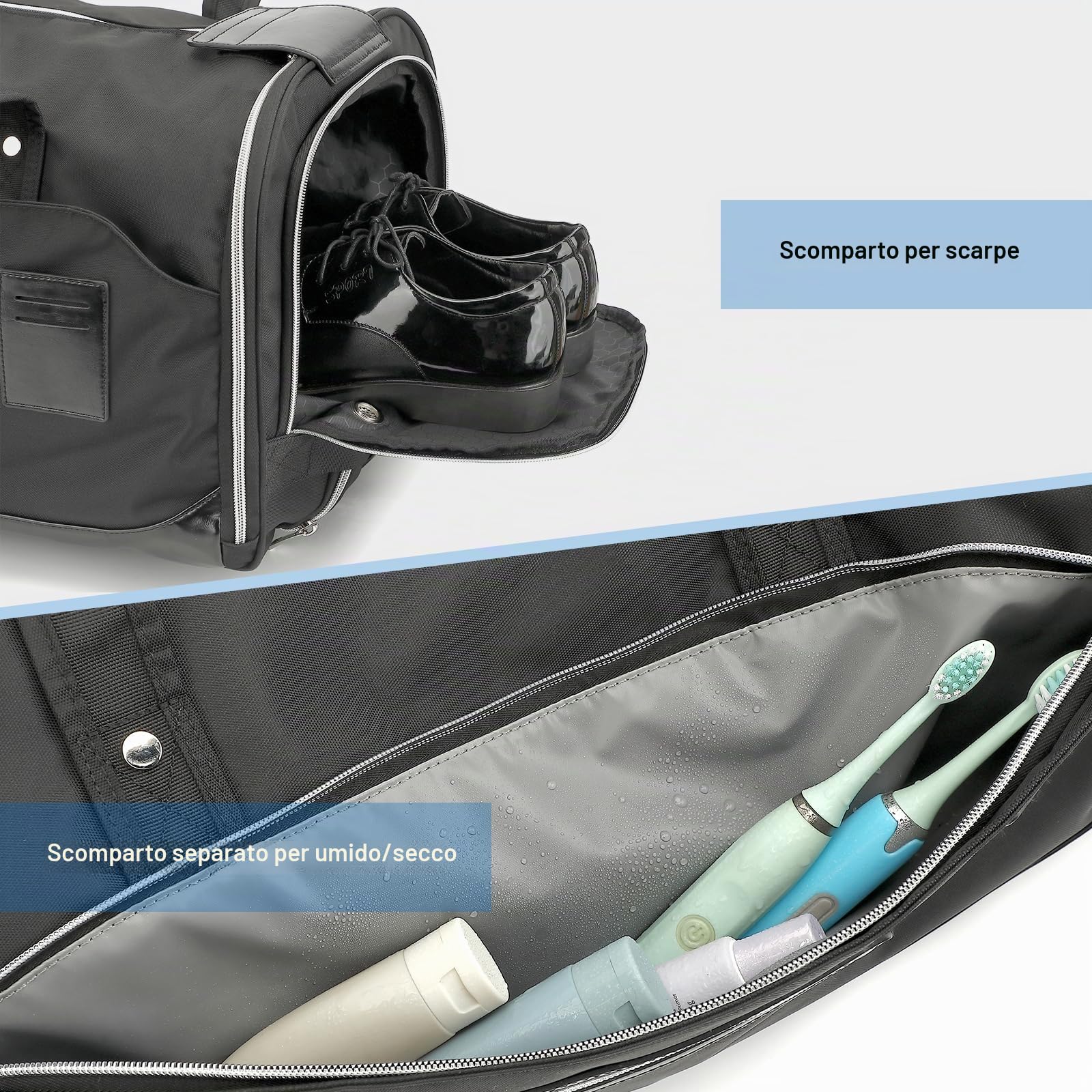 Borsa Porta Abiti da Viaggio con Ruote e Maniglia 55L Convertibile 3 in 1 Trolley Borsone da viaggio Uomo Donna con Scomparto Scarpe per Viaggi D'affari e Matrimoni, Nero