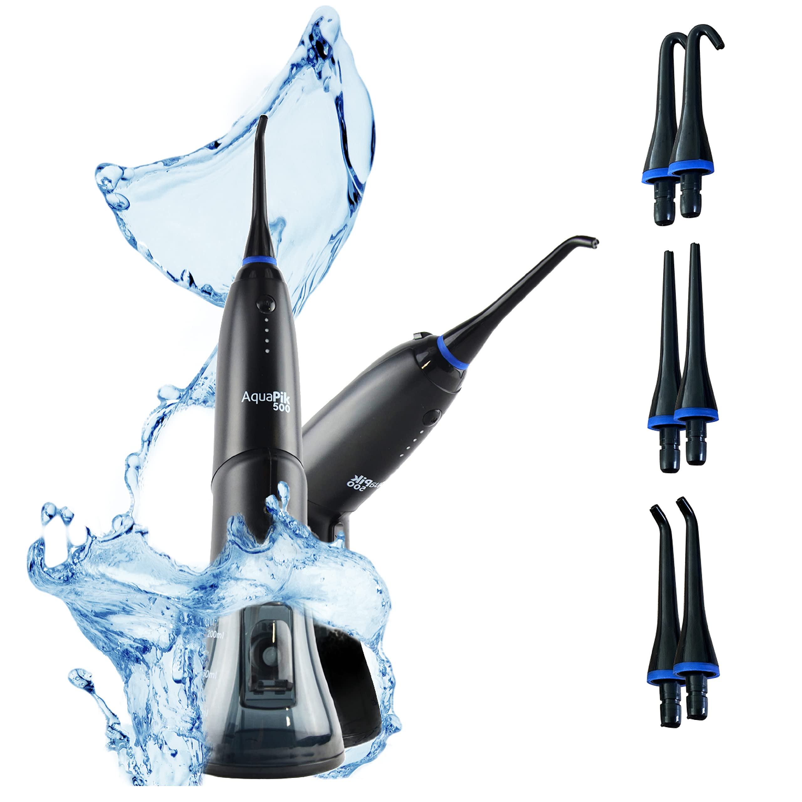 Aquapik 500, Irrigador Bucal Portátil con Diseño Único Deformable Tanque de Agua removible. Irrigador Dental Recargable para Viajes y Oficina.6 boquillas, 4 modos, Impermeable IPX7 (Negro)