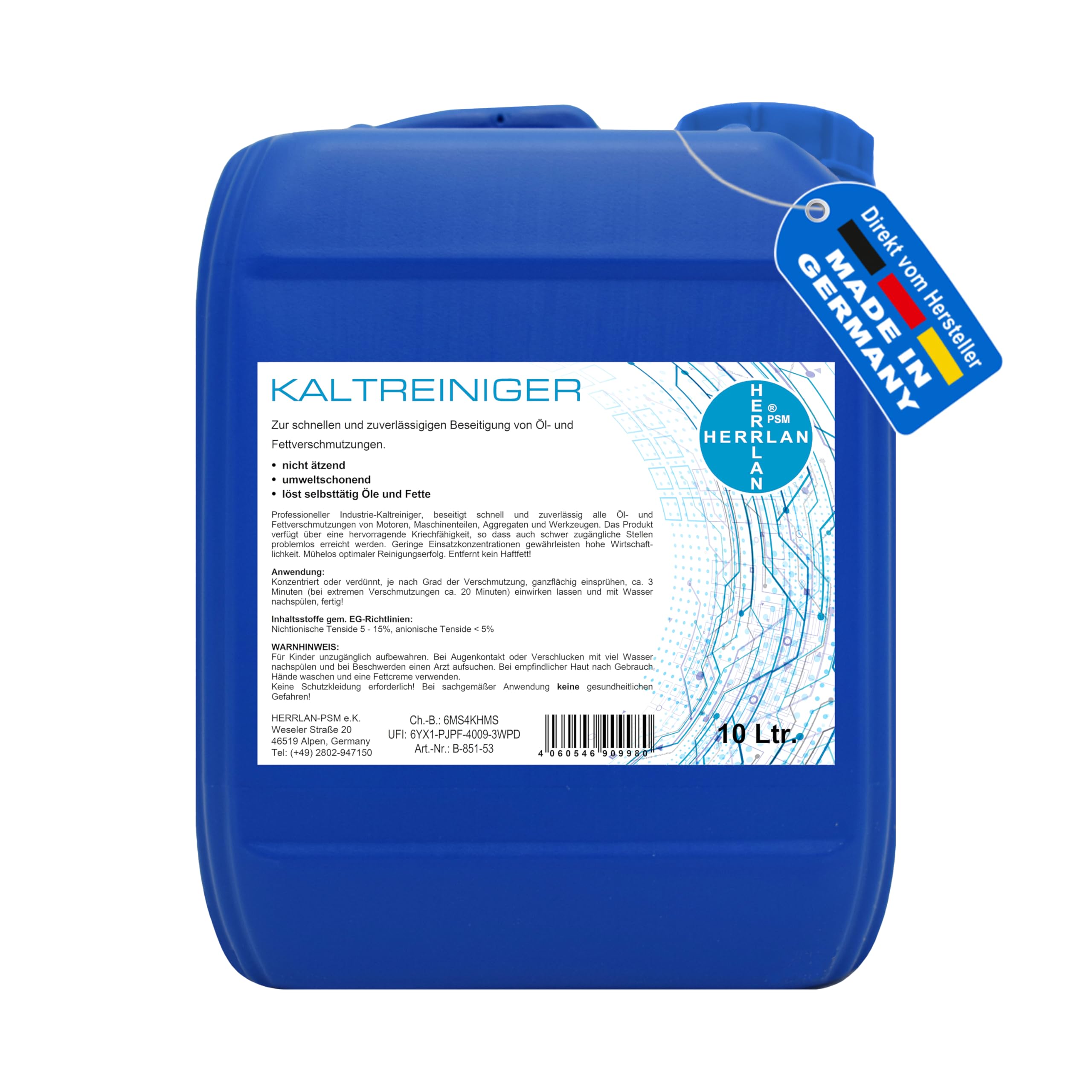 HERRLAN® Kaltreiniger 10 Liter Industriereiniger für Motoren & Maschinen. | Zur Entfernung von Öl- und Fettrückständen an Motoren, Maschinen und Werkzeugen, Made in Germany.