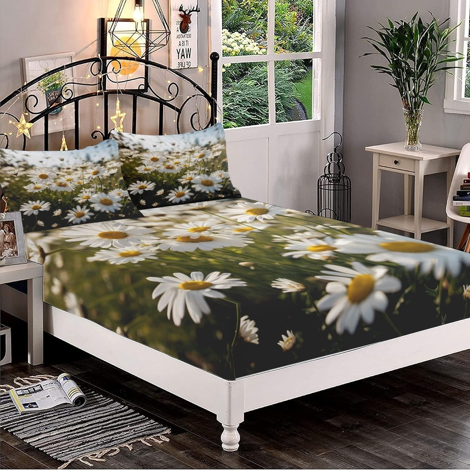 Sabana Bajera 135x190 Margarita Sabanas Bajeras Estampadas Ramos De Flores Sábana Bajera Ajustable Suaves, Elastico Funda Colchon con 2 Funda Almohada 50x80 cm, para Colchón de 30cm de Altura