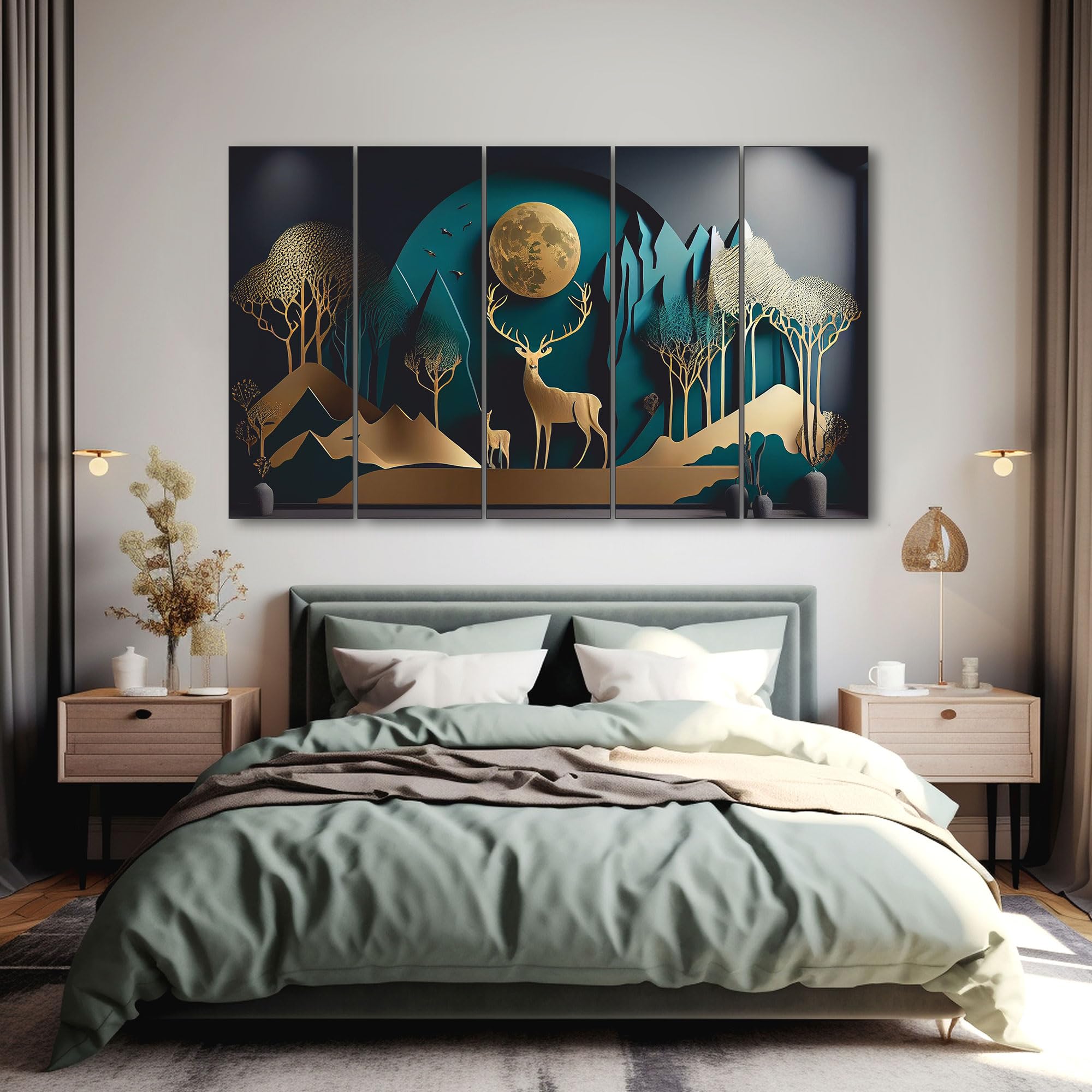 The Castle Decor Golden Deer Wall Painting for Living Room Big Size - Deer Wall Painting for Bedroom, Office, Drawing Room, Hotel - Elegant Wall Decor Art for Home Decoration, Gifting (36x60 inch)