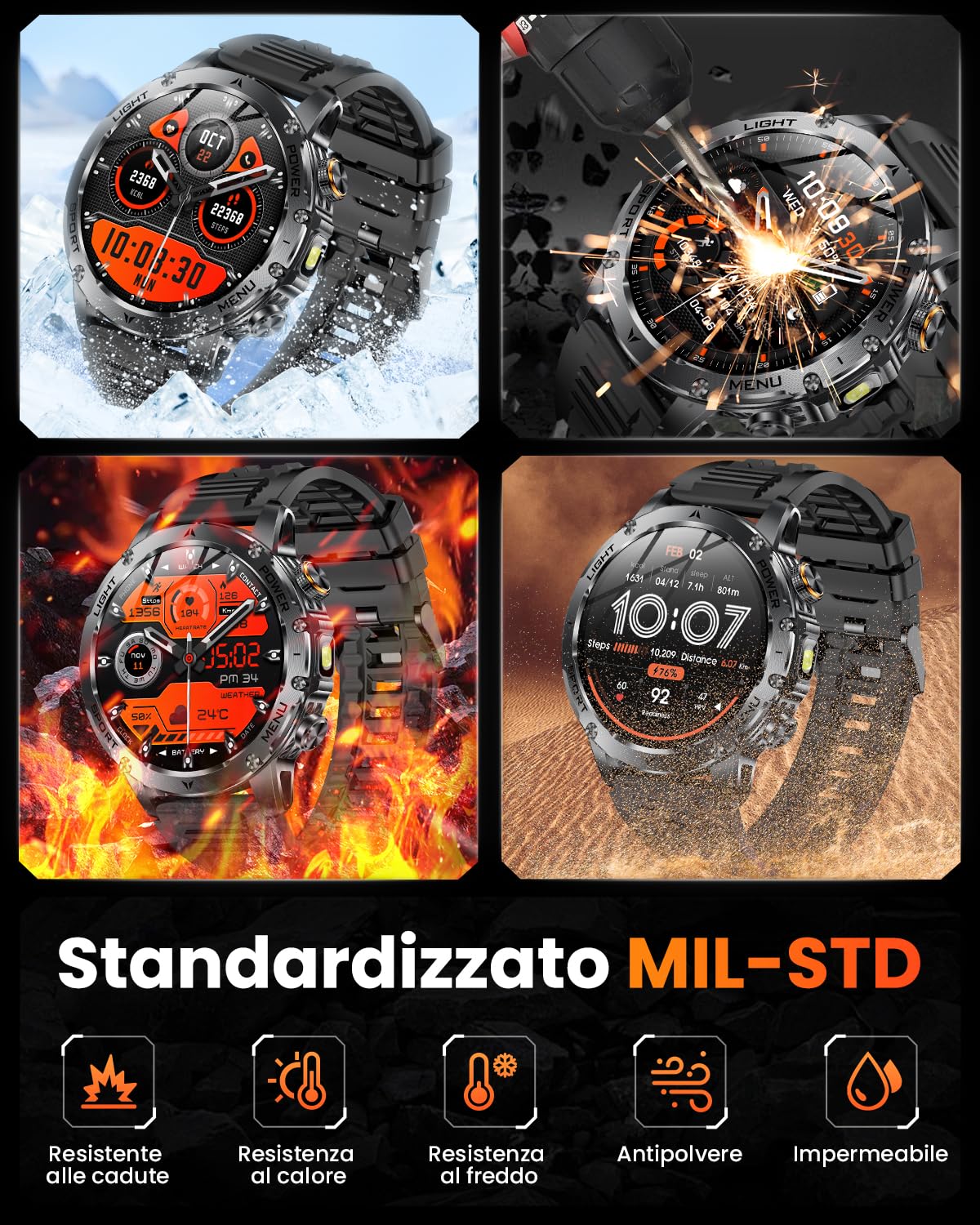 Karchilor Smartwatch Uomo Militare con 1000mAh/Chiamate/Torcia LED, 1,7" HD Smart Watch Orologio con 100+ Modalità Sportive, 5ATM, Sonno, SpO2, Notifiche Messaggi, Fitness Tracker Android iOS