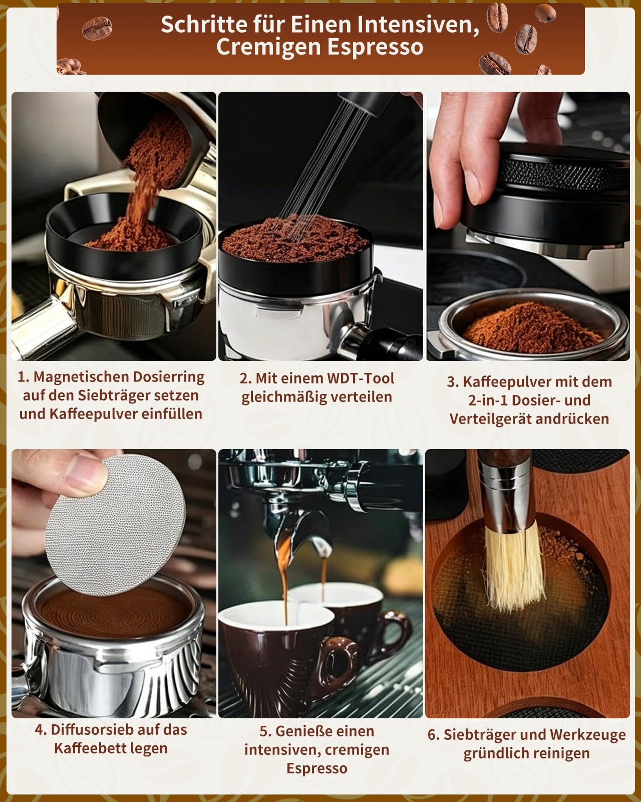 Akcesoria do sitka, 51 mm, dystrybutor kawy 51 mm, narzędzie do wyrównywania espresso, kompletny zestaw barista z narzędziem WDT, tamper, pierścieniem dozującym, krążkiem i szczotką do czyszczenia