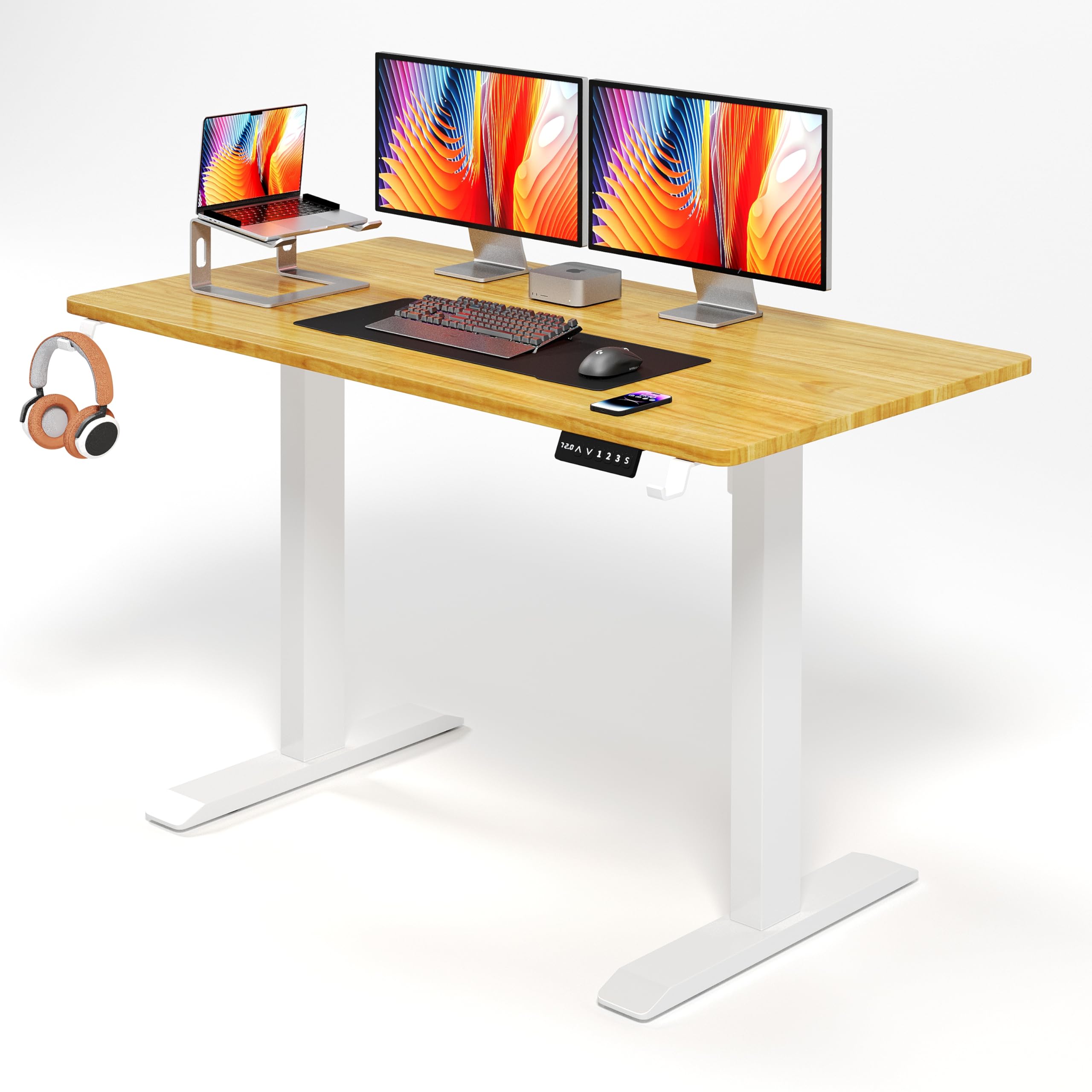Sponsored Ad – SKY-TOUCH 120x60cm Standing Desk, Height Adjustable Sit - Stand Desk Workstation with Smart Control Panel 2 Memory Heights for Home Office, Top 2 Pieces Desk Board, Yellow Wood